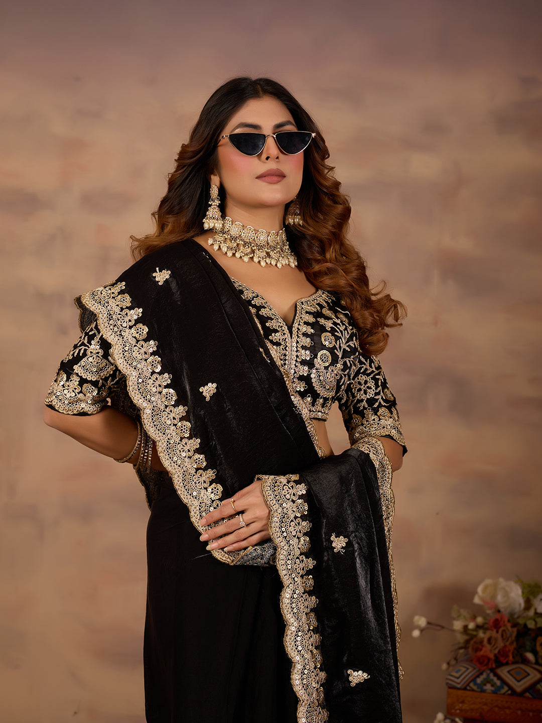 Black Satin Silk Party Wear Saree With Rich Sequins Work