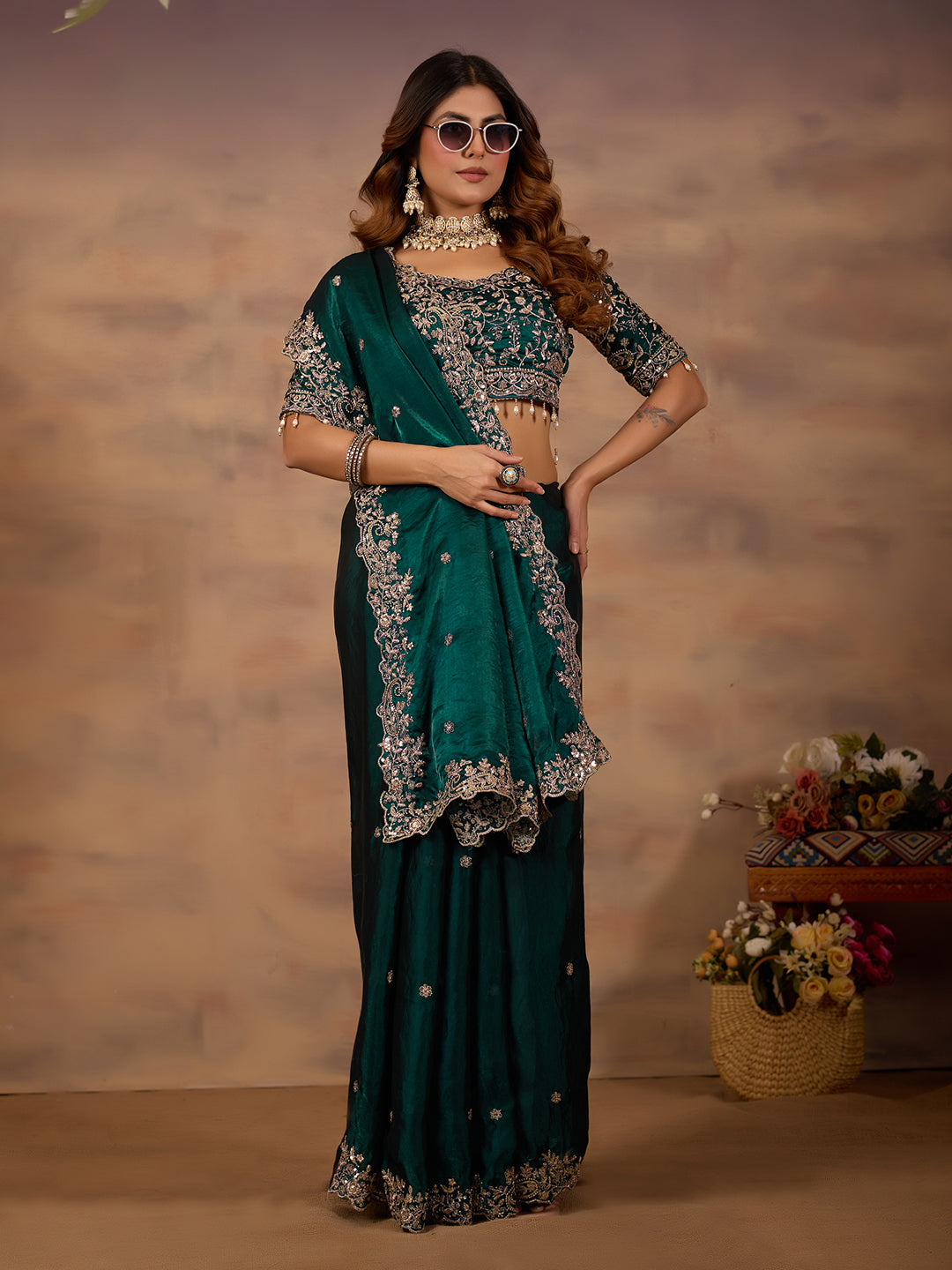 Rama Green Satin Silk Designer Saree With Embroidery Work