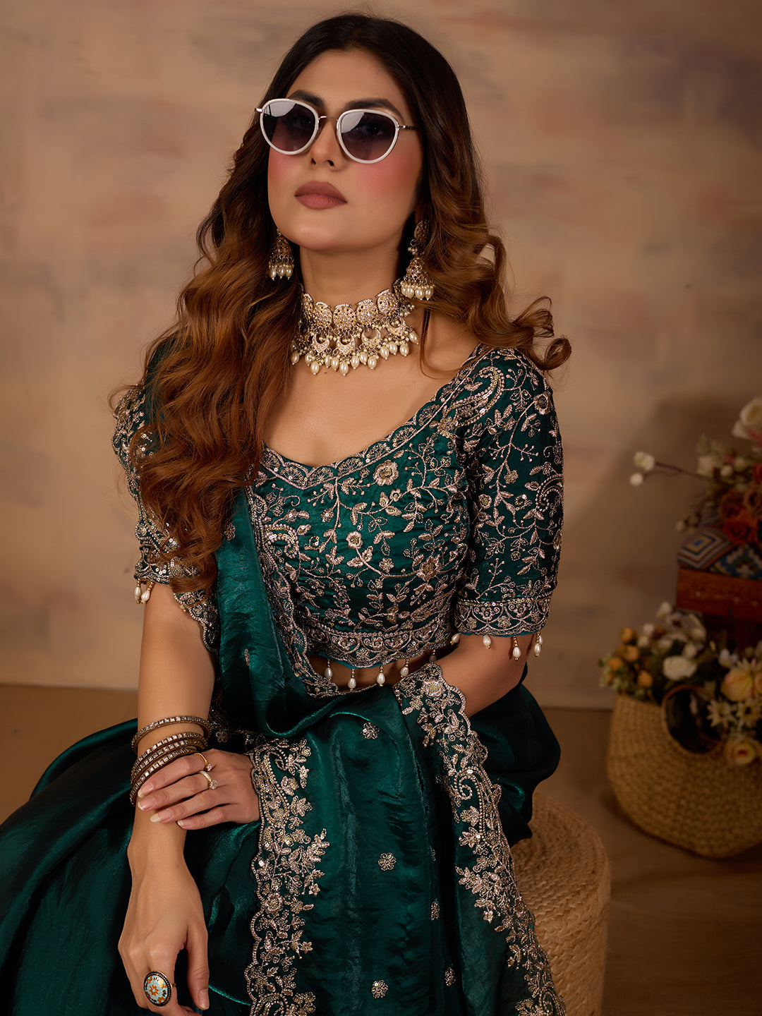 Rama Green Satin Silk Designer Saree With Embroidery Work