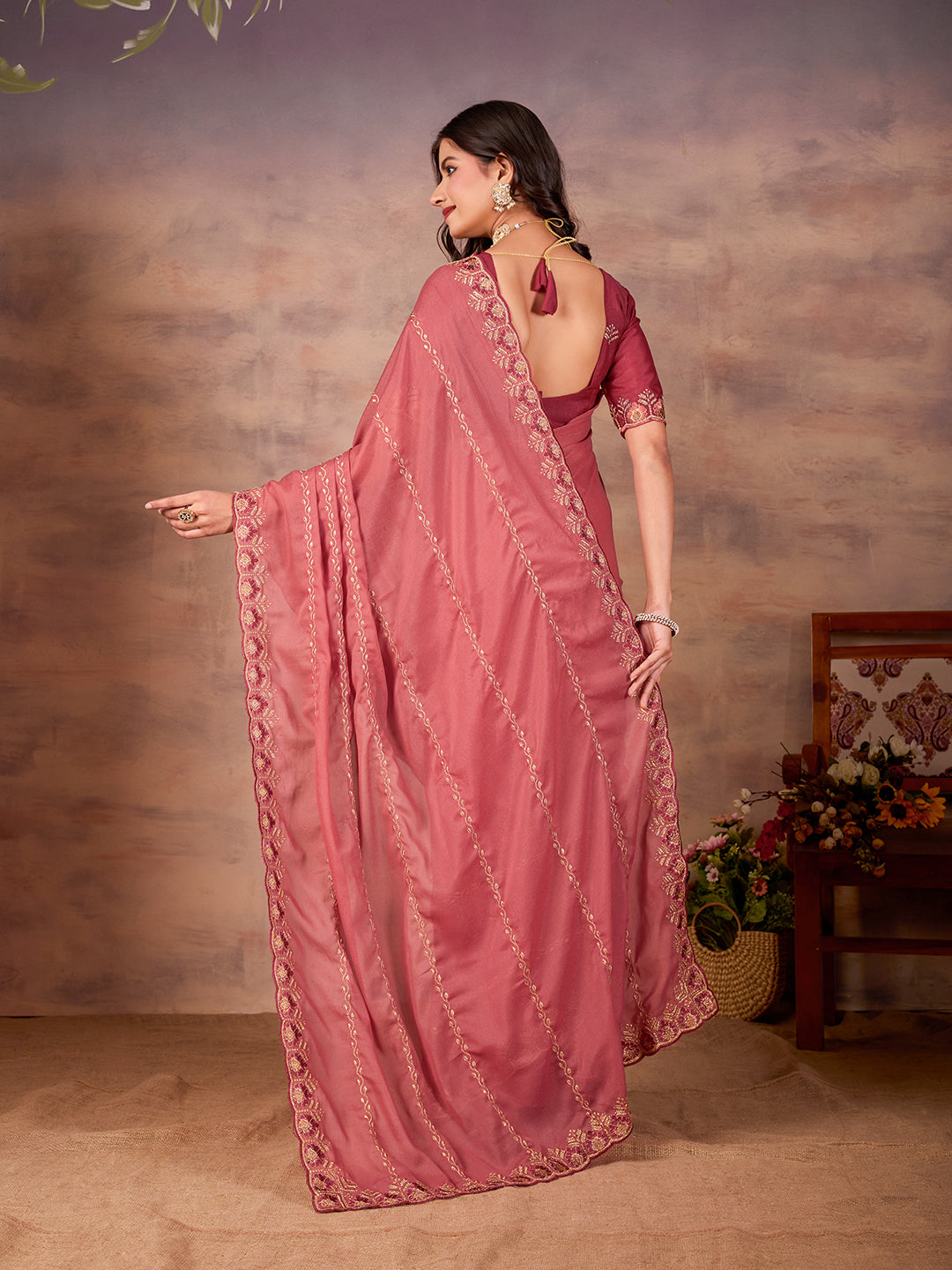 Peach Star Georgette Fancy Saree With Heavy Sequins Work