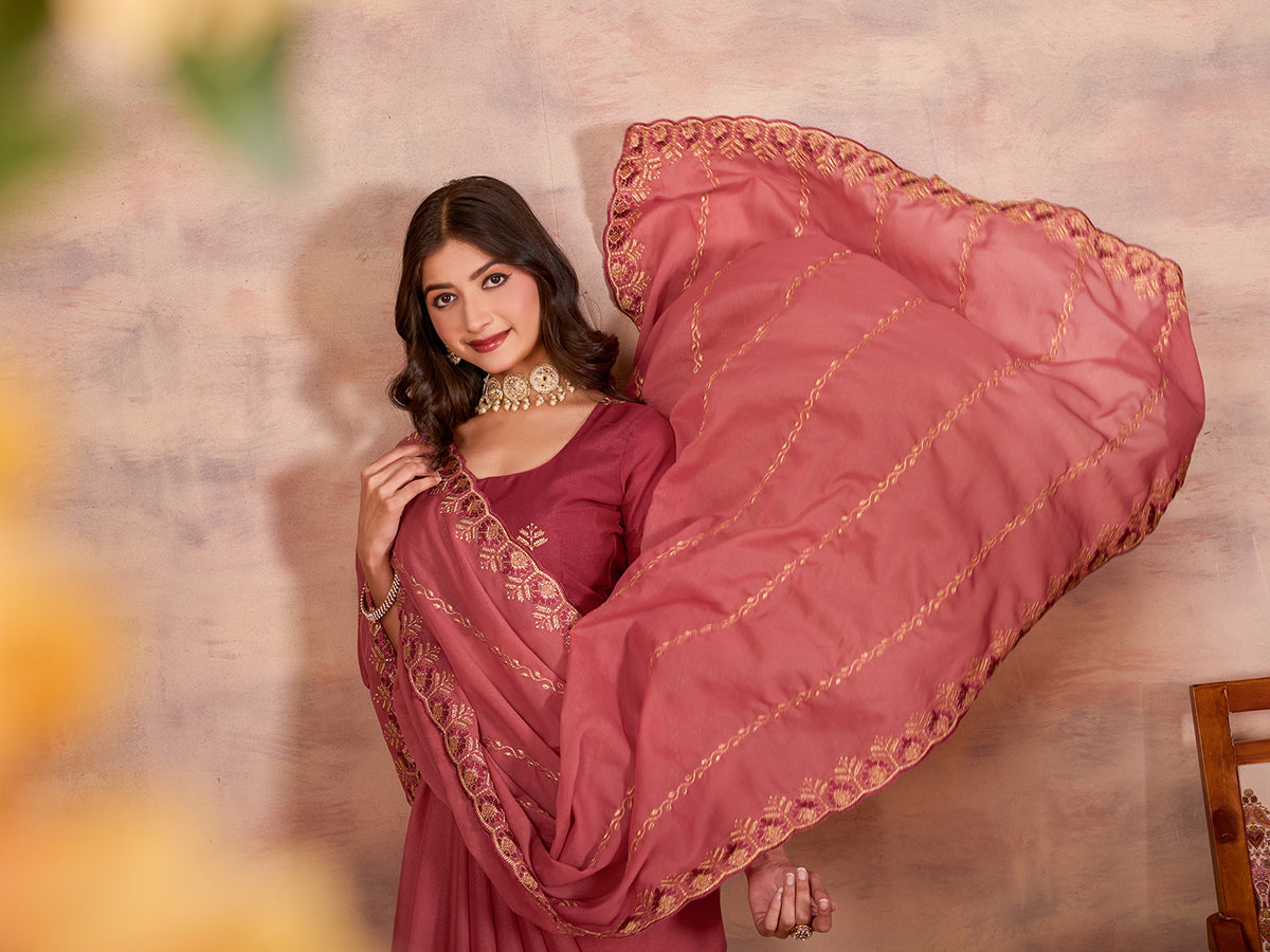 Peach Star Georgette Fancy Saree With Heavy Sequins Work