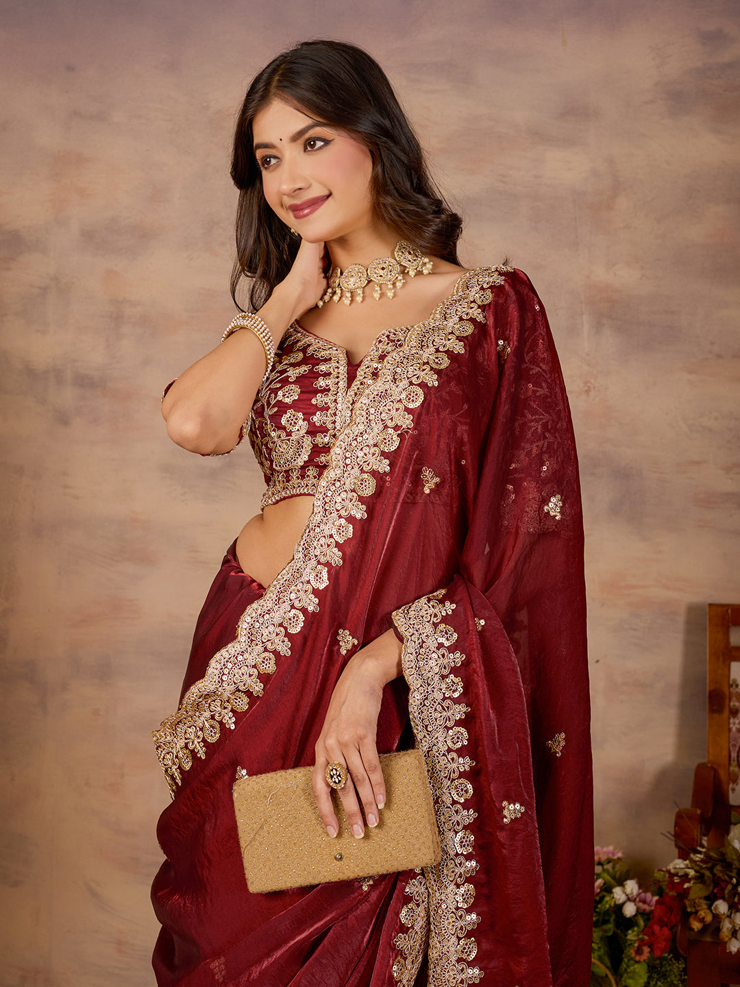 Maroon Satin Silk Royal Designer Saree With Embroidery