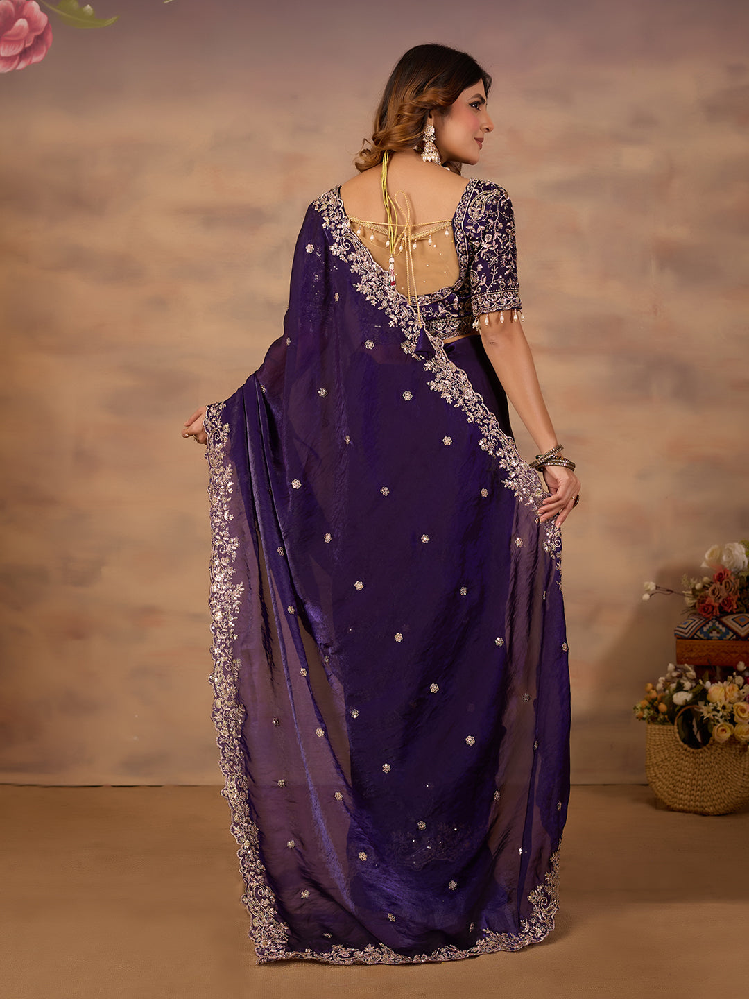 Purple Satin Silk Embroidered Wedding Wear Saree