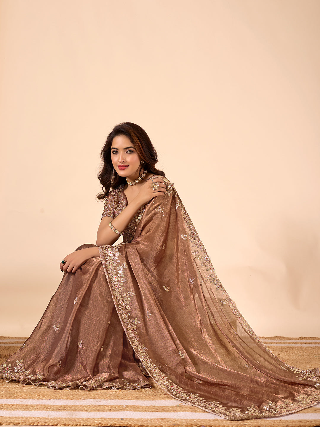 Brown Chiffon Silk Embroidered Saree With Heavy Sequins Work