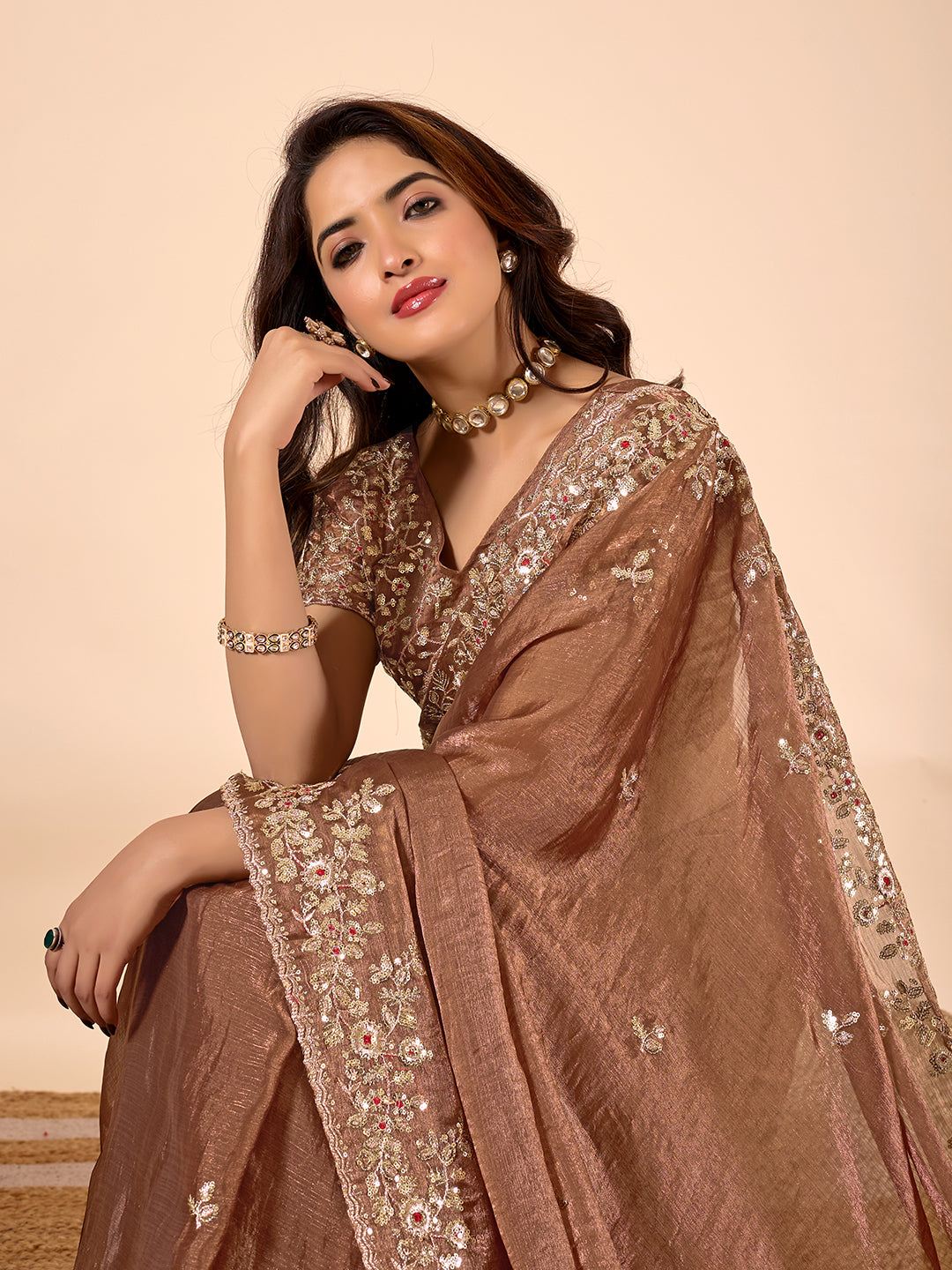 Brown Chiffon Silk Embroidered Saree With Heavy Sequins Work