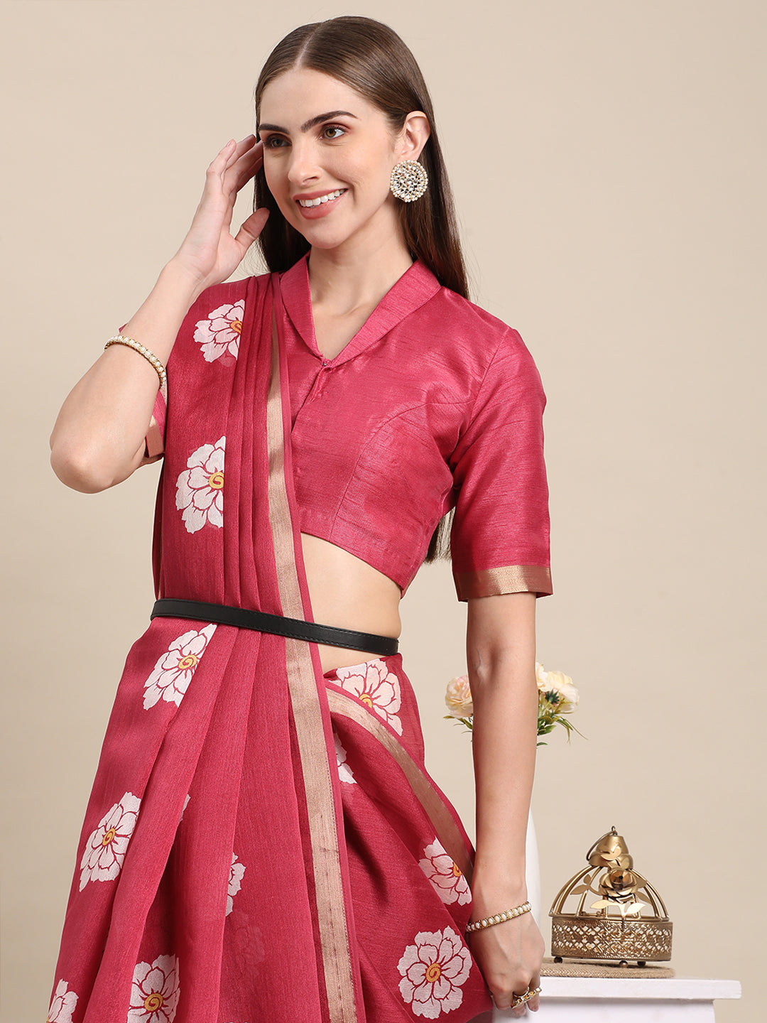 Maroon Linen Printed Casual Wear Saree