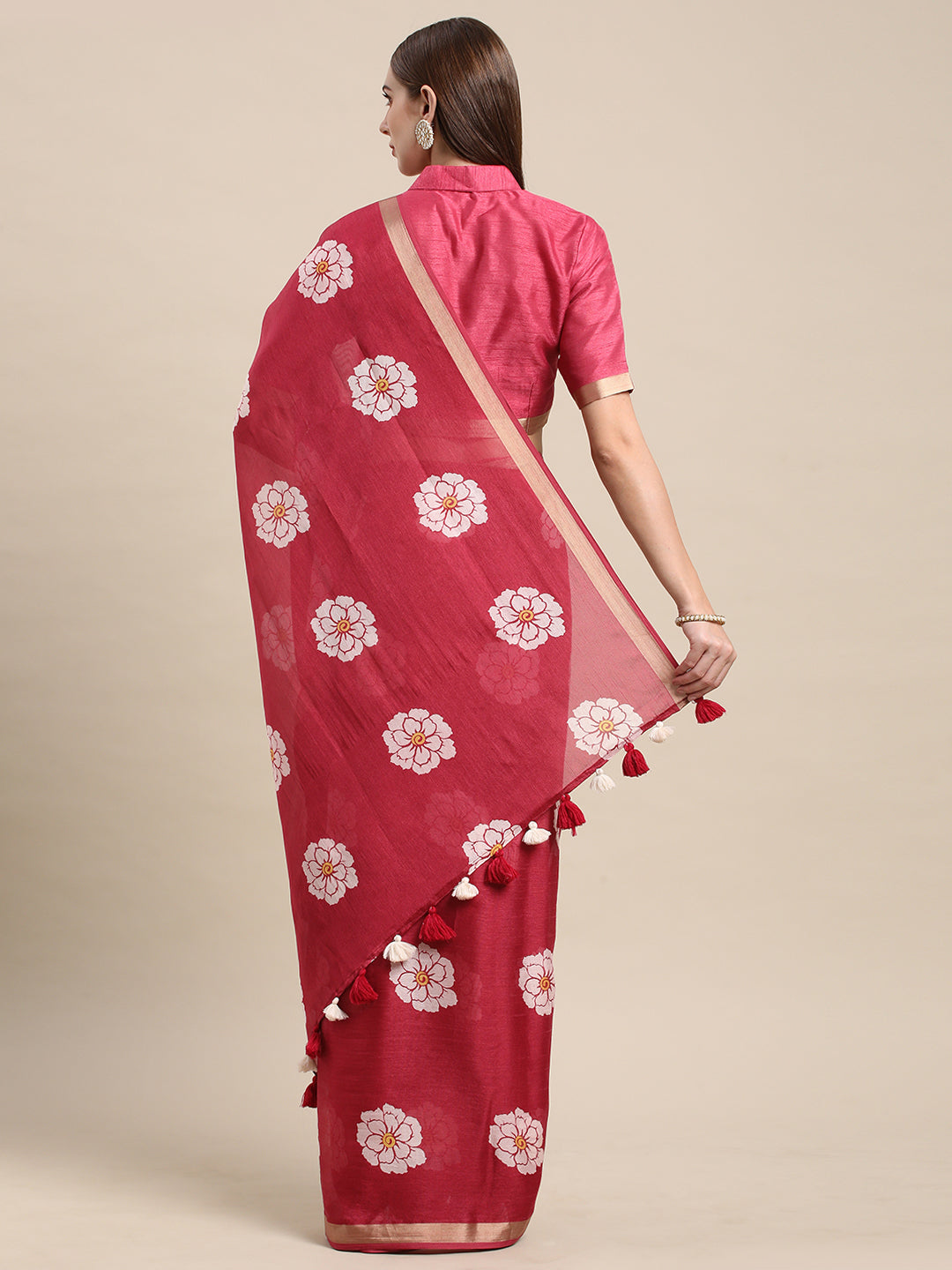Maroon Linen Printed Casual Wear Saree
