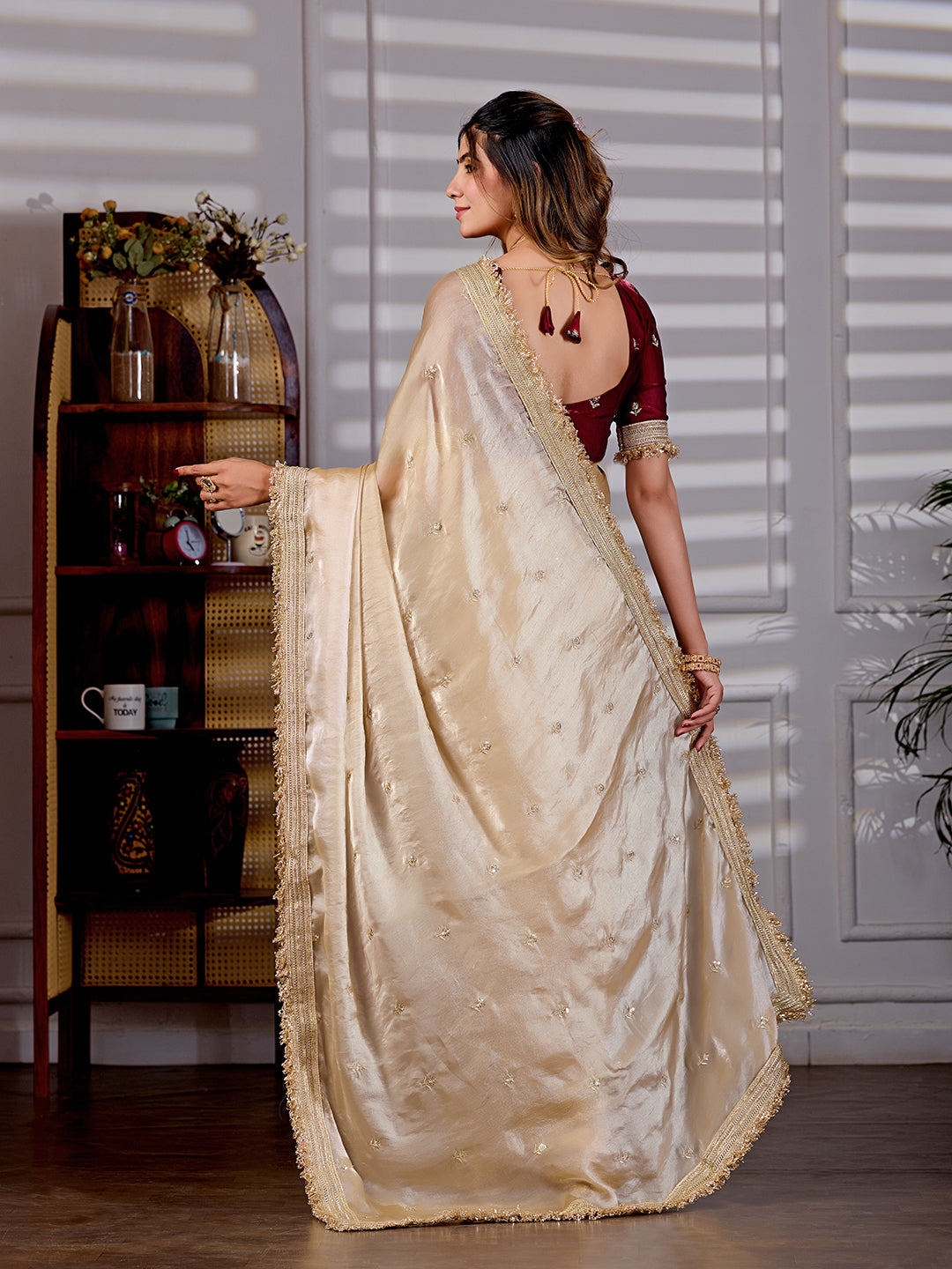 Golden Satin Silk Wedding Wear Saree With Heavy Embroidery