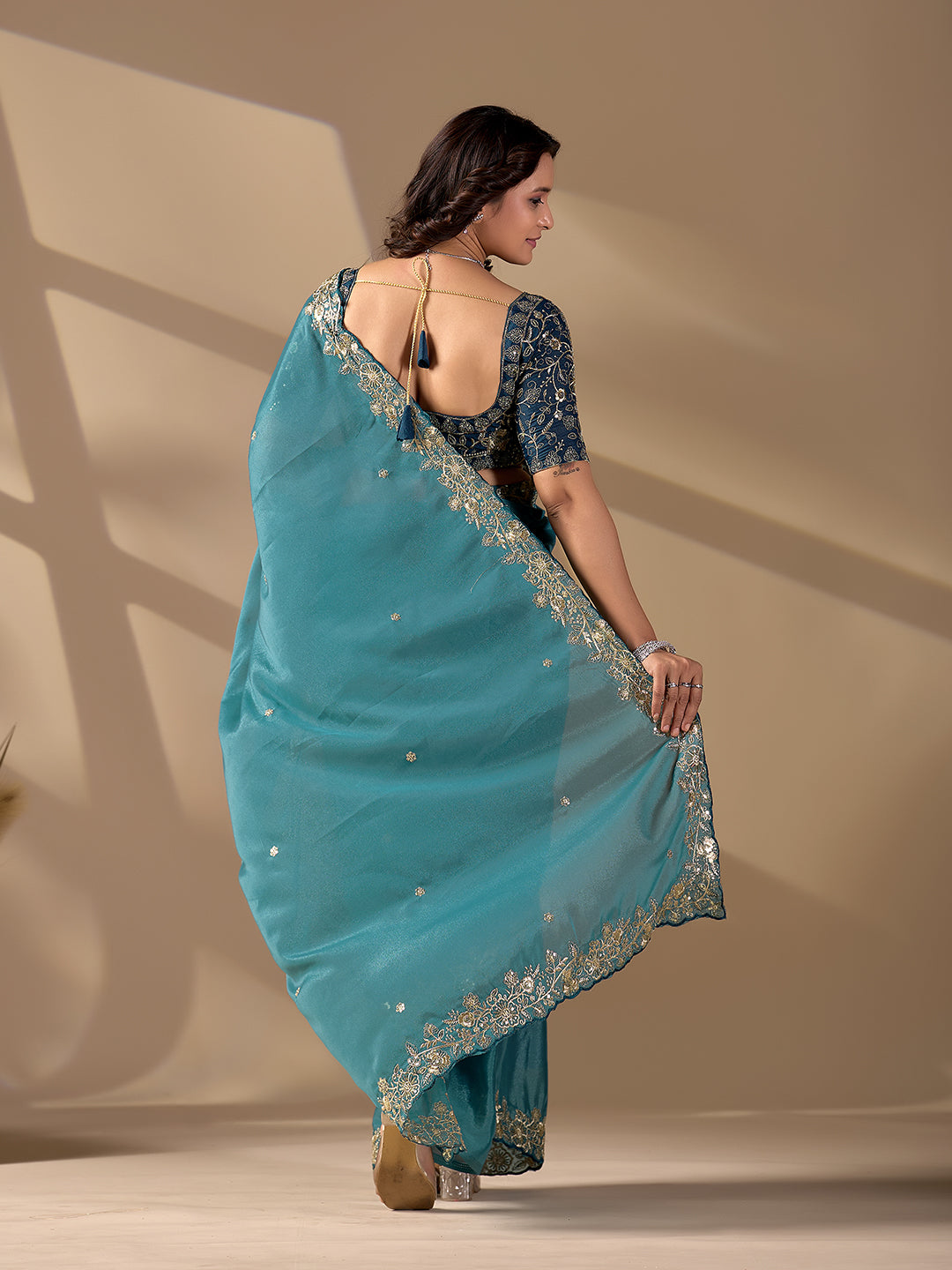 Teal Blue Rangoli Silk Designer Saree With Sequins Embroidery