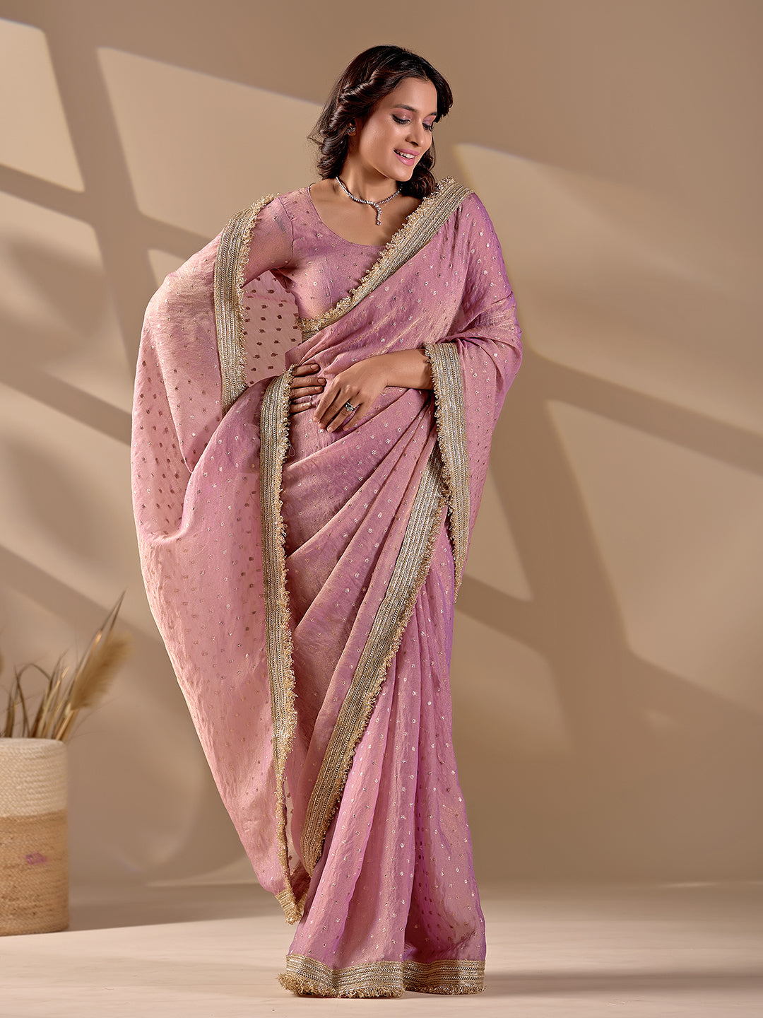 Peach Moss Satin Silk Designer Saree With Embroidery And Sequins Work