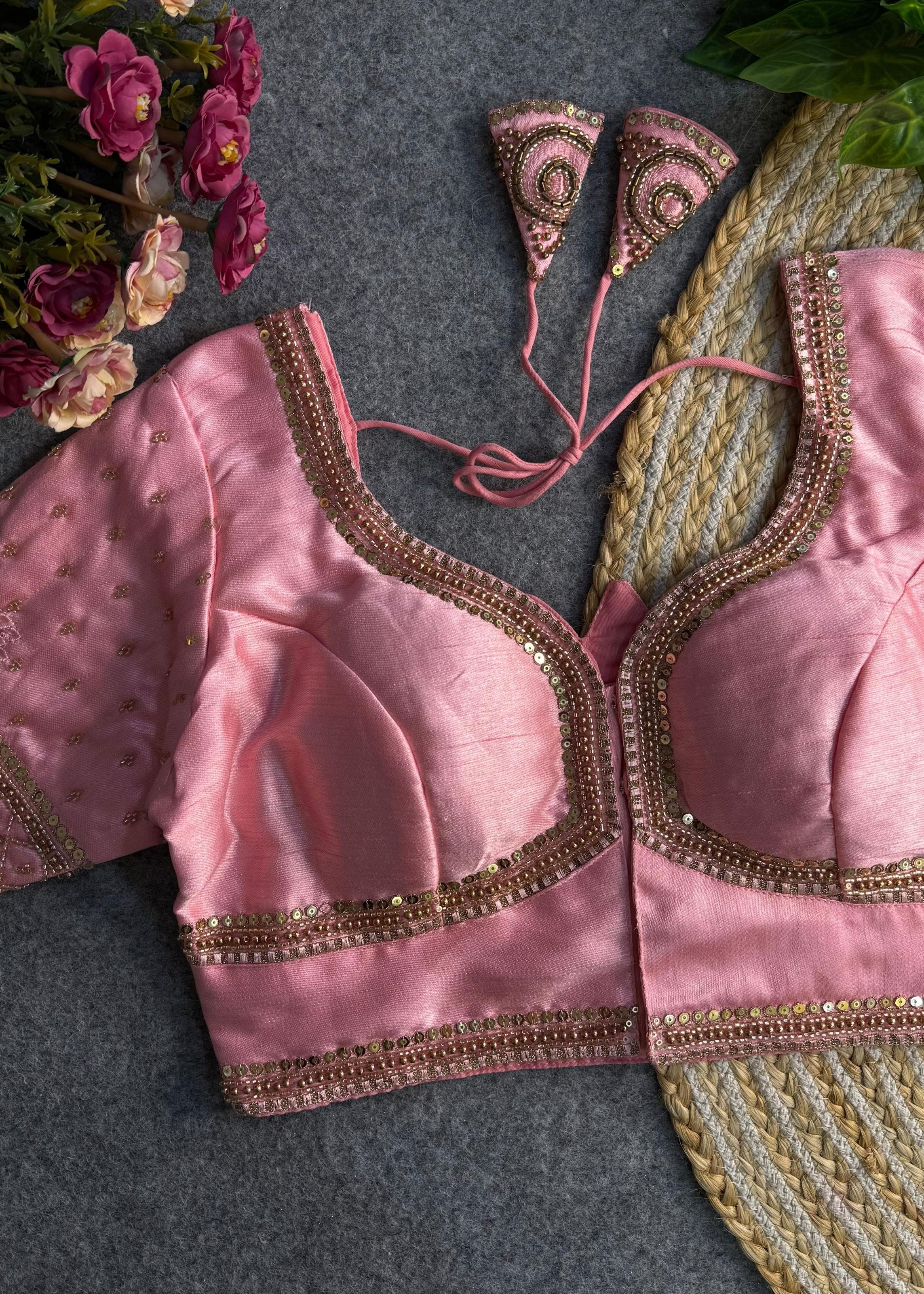 Baby Pink Sabyasachi-Inspired Heavy Bridal Blouse with Exquisite Lotus Beads Embroidery