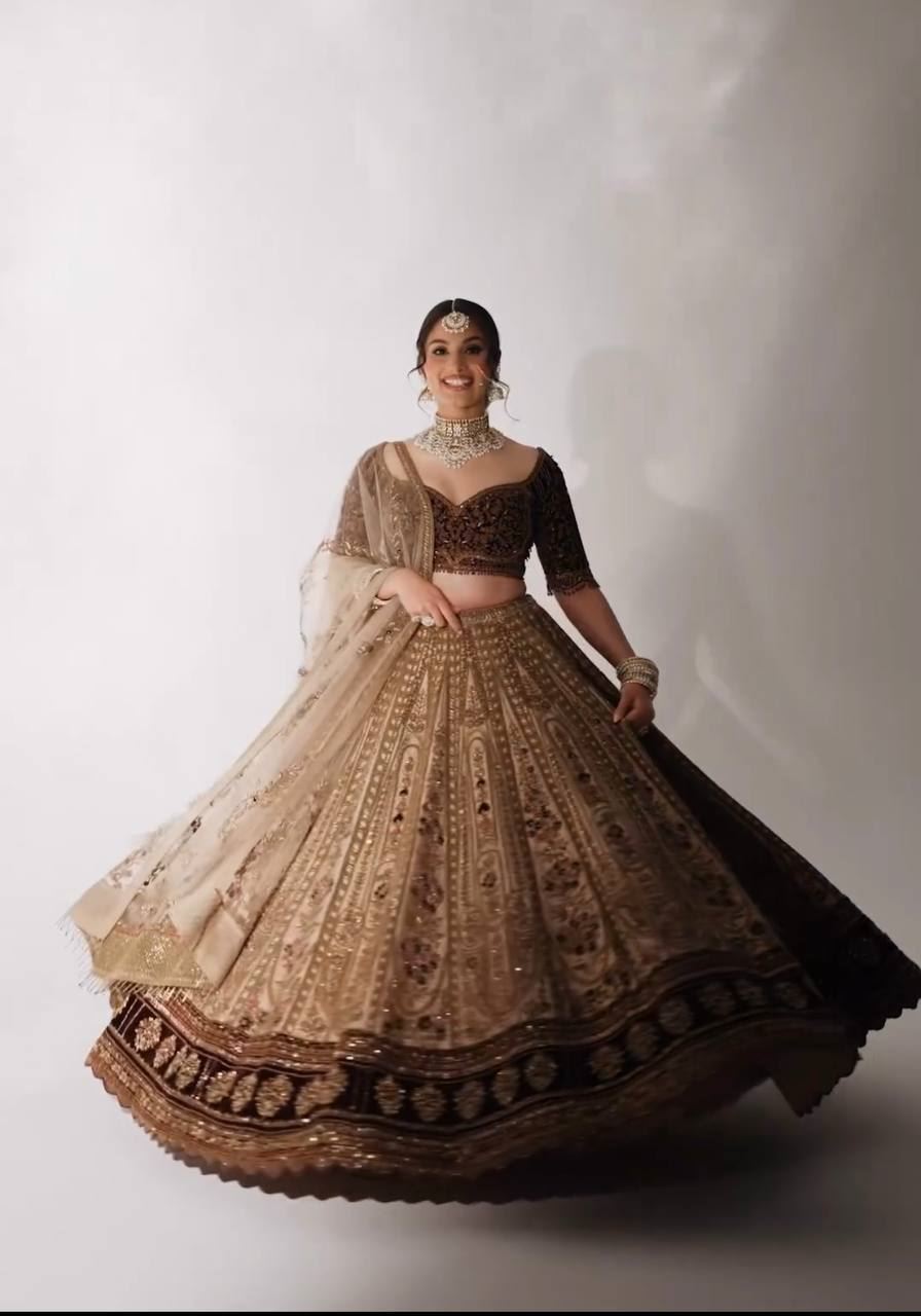 Beige Lehenga Choli with Dori, Sequins & Thread Work Along with Velvet Border
