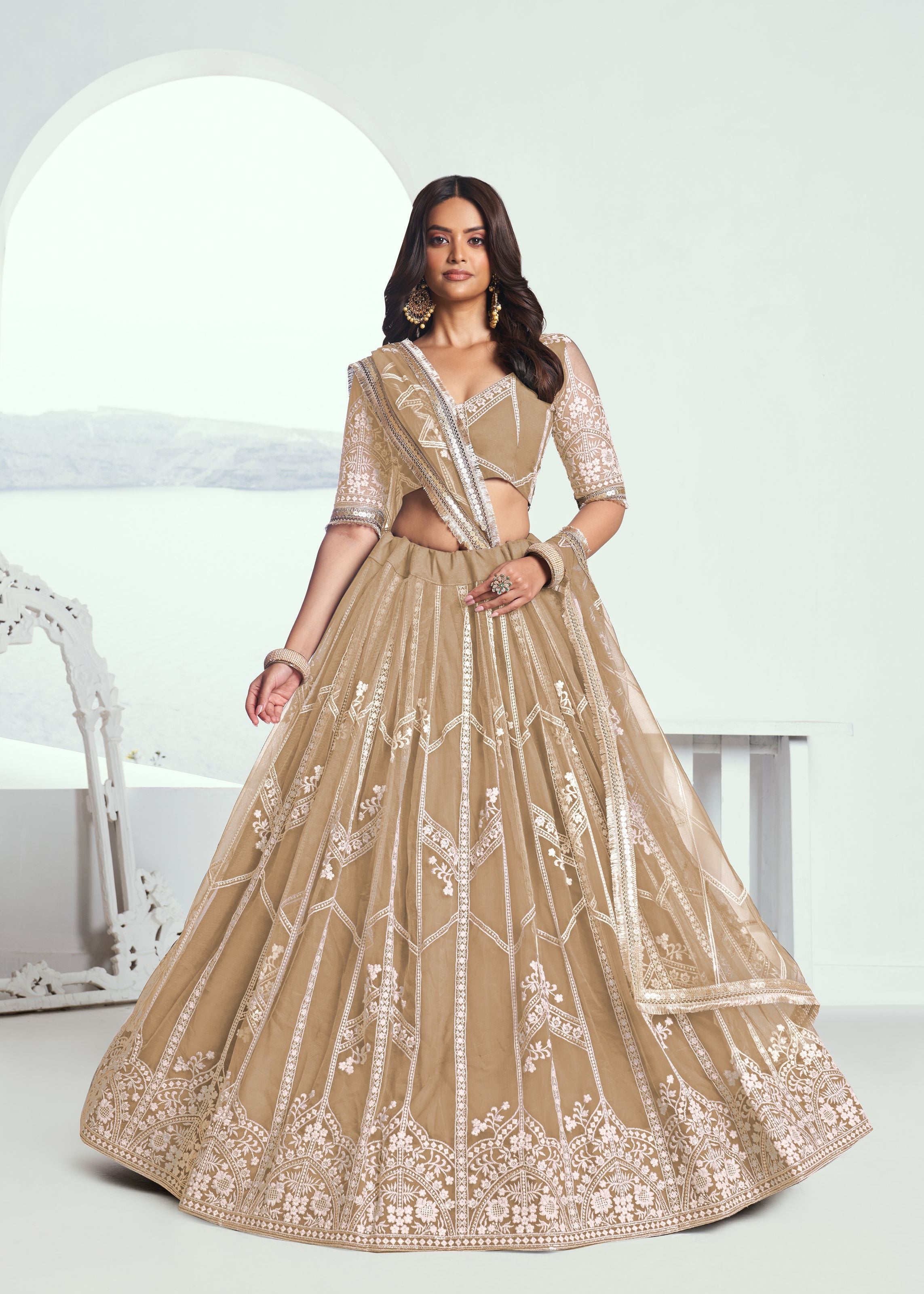 Beige Lehenga Choli With Zari Work And Sequence Work Embroidery