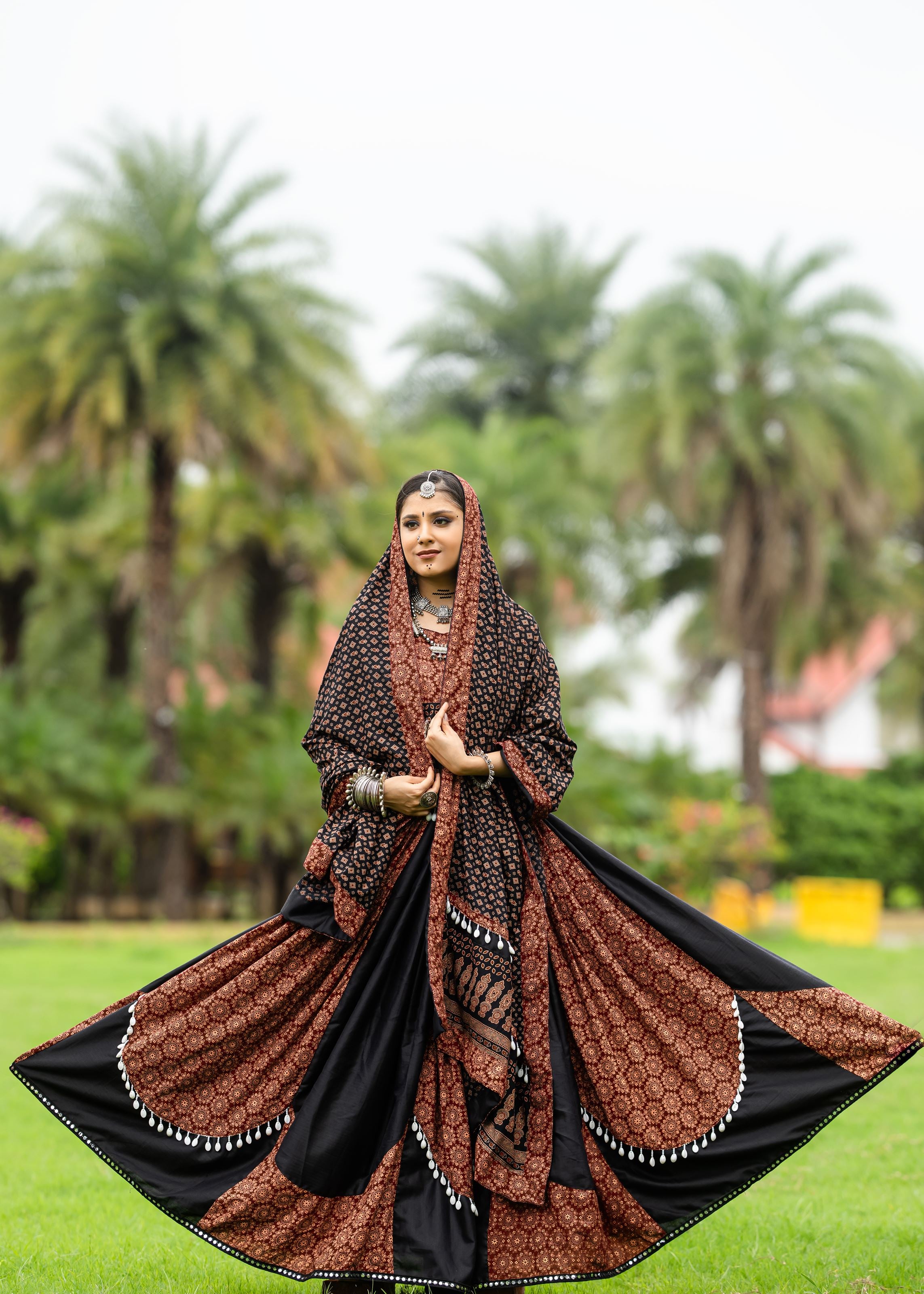 Black And Maroon Printed Navratri Chaniya Choli With Cowrie Work