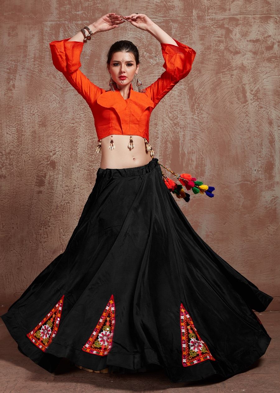 Black And Orange Navratri Chaniya Choli With Gamthi Work Butta And Tassels Lace