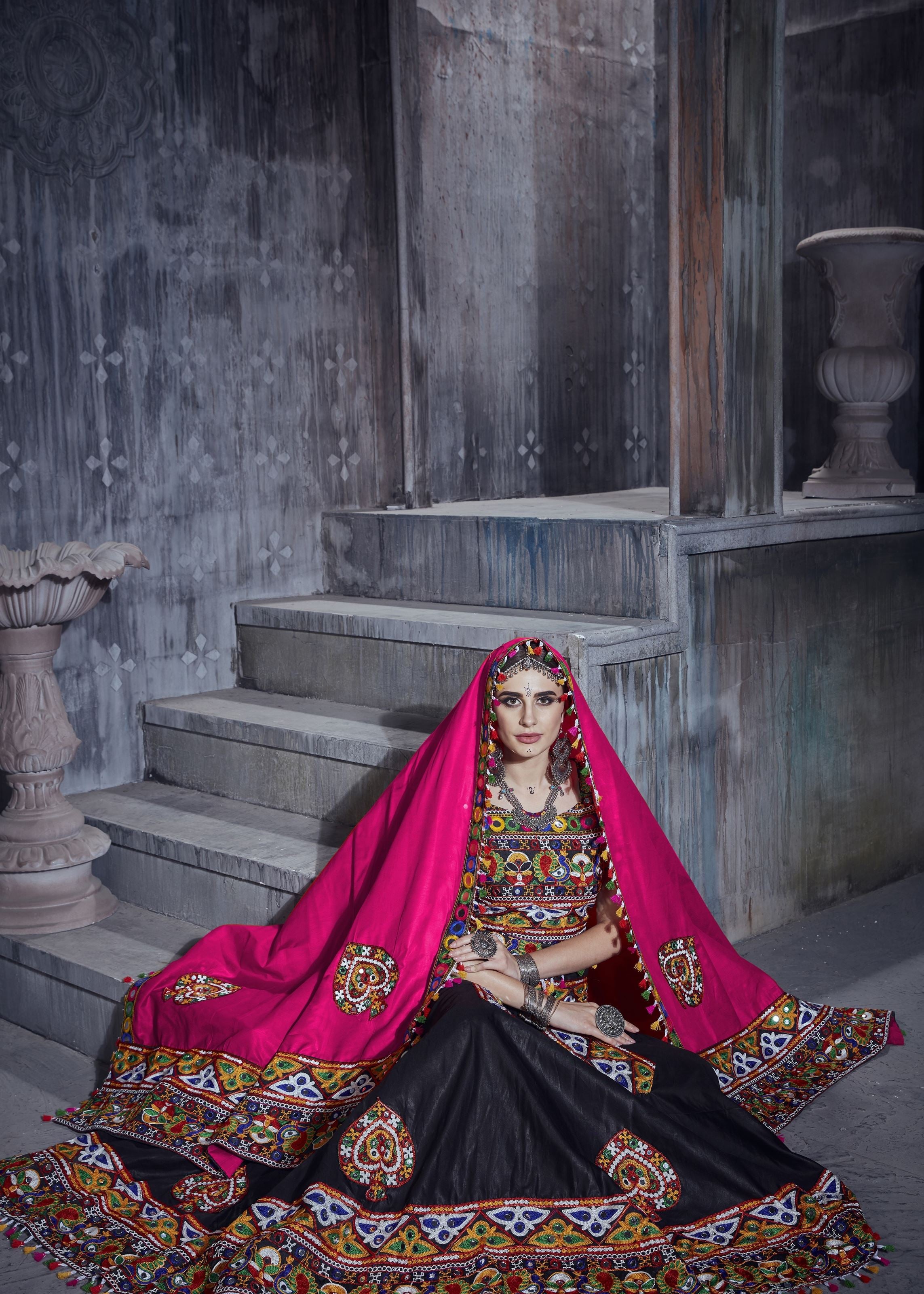 Black And Pink Navratri Chaniya Choli With Gamthi Lace Work With Mirror Work