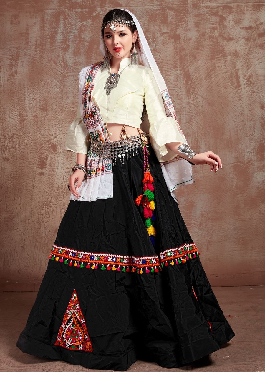 Black And White Navratri Chaniya Choli With Gamthi Work Butta And Tassels Lace