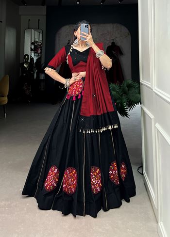 Black Cotton Lehenga Choli with Gamthi Patch and Gota Patti Touch-Up