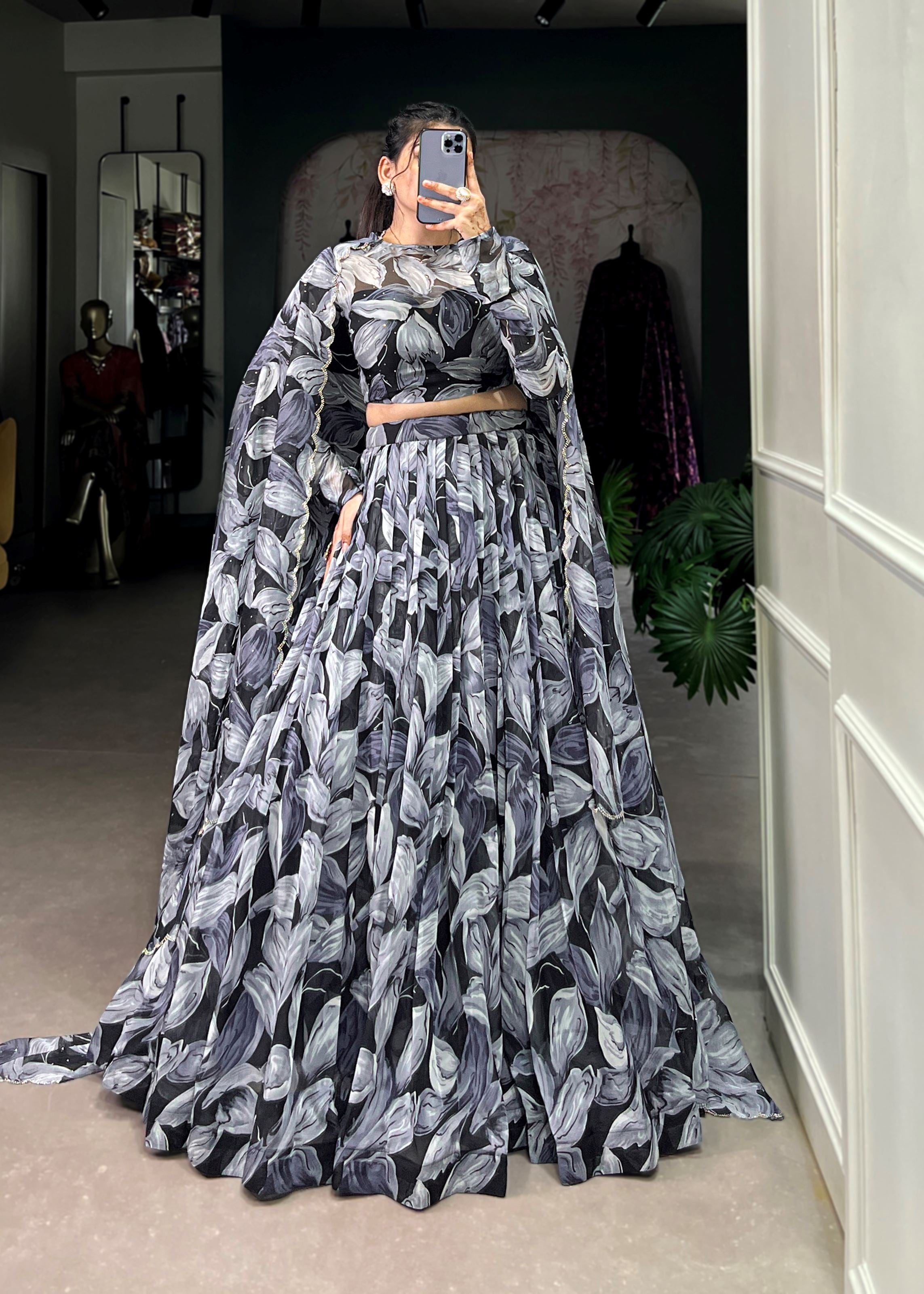 Black Elegance Printed Tabby Silk Lehenga with Hotfix Work