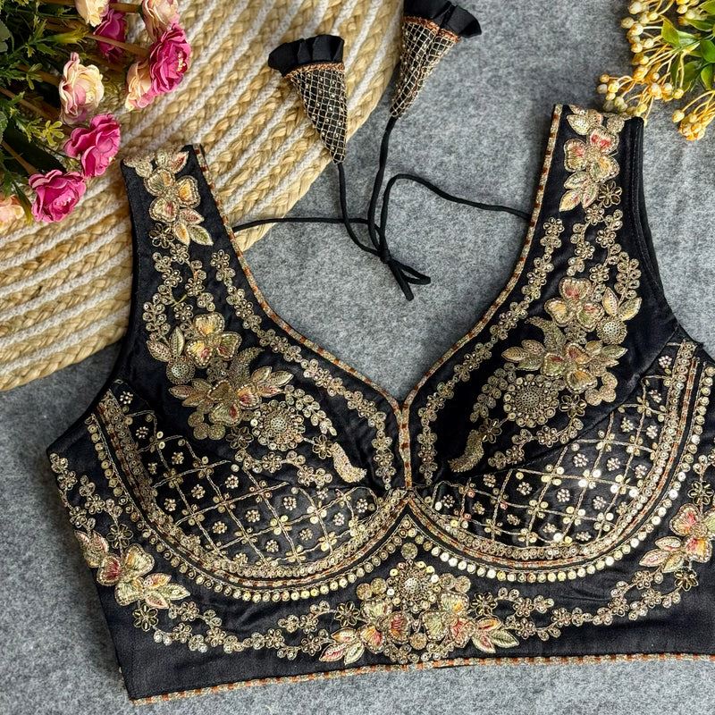 Black Elegant Bridal Sabyasachi Blouse with Heavy Work -12"Sleeves Attached