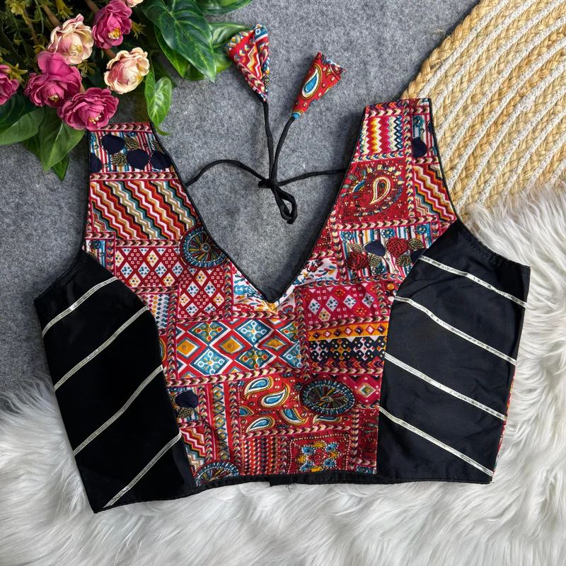 Black Ethnic Print Garba Blouse with Bold Contrast Look