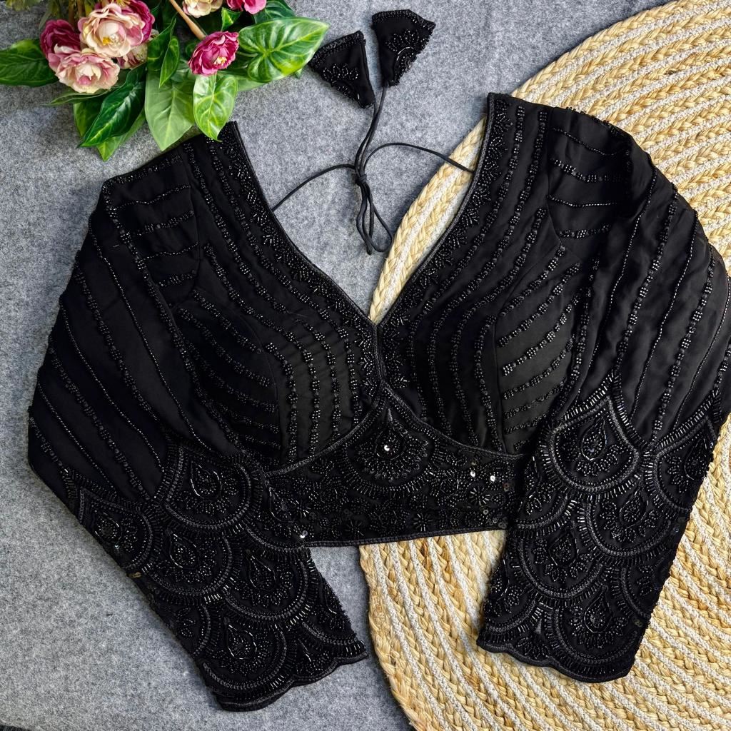 Black Georgette Blouse with Heavy Thread Embroidery Sequins Work