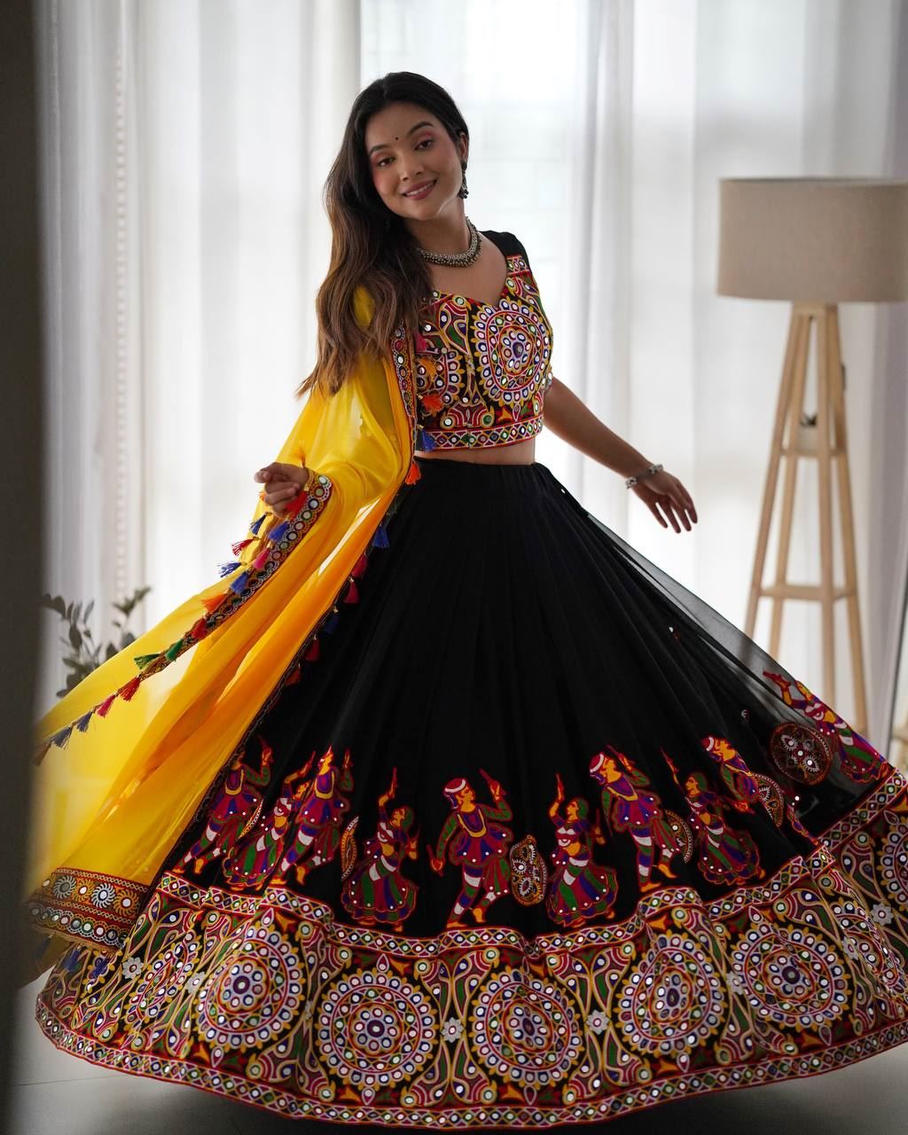 Black Lehenga Choli With Chain-Stitch Work With Original Mirror