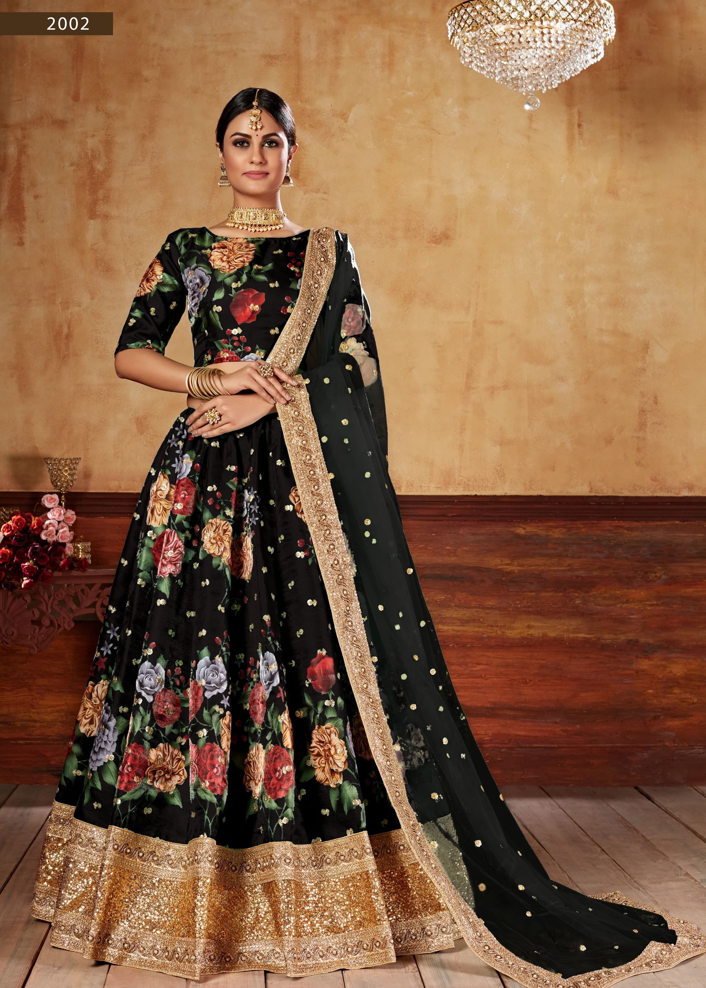 Black Lehenga Choli With Digital Print And Dori With Jari Sequins Butti,Embroidered Border And Pearl Work