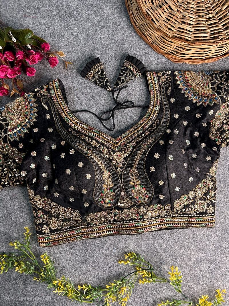 Black Peacock Embroidery Work Blouse – Heavy Work on Back & Sleeves