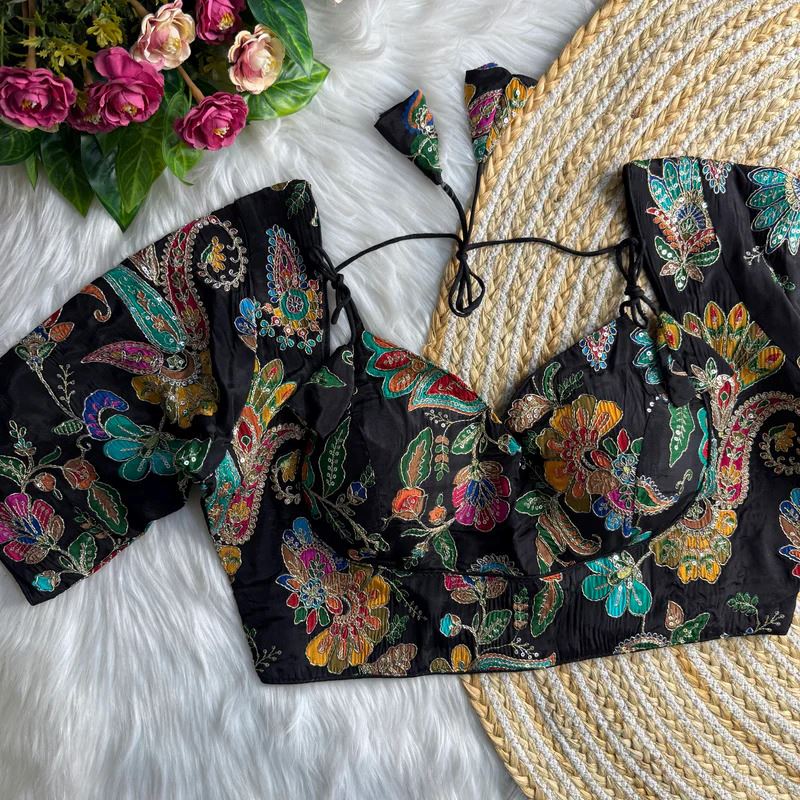 Black Position Print Masaba Blouse With Codding Sequence Work