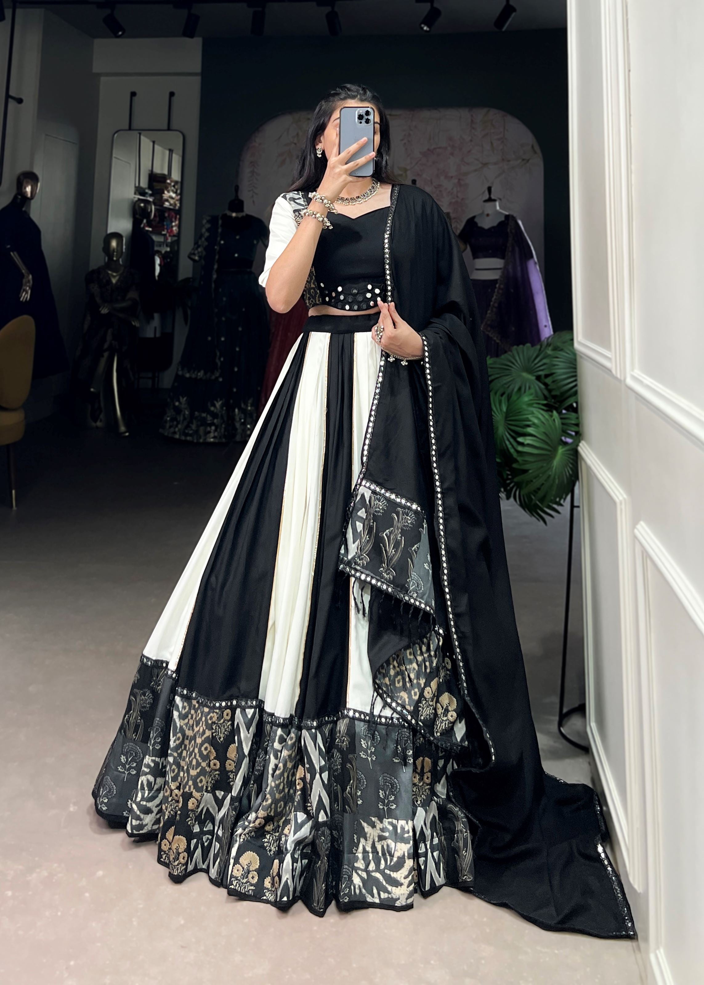 Black Pure Cotton Plain Lehenga Choli Accented with Subtle Gota Patti Elegance