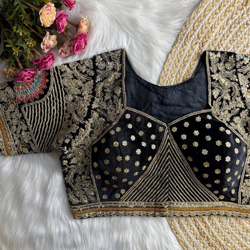 Black Royal Rajwadi Velvet Wedding Blouse with Dulha Dulhan Embroidery