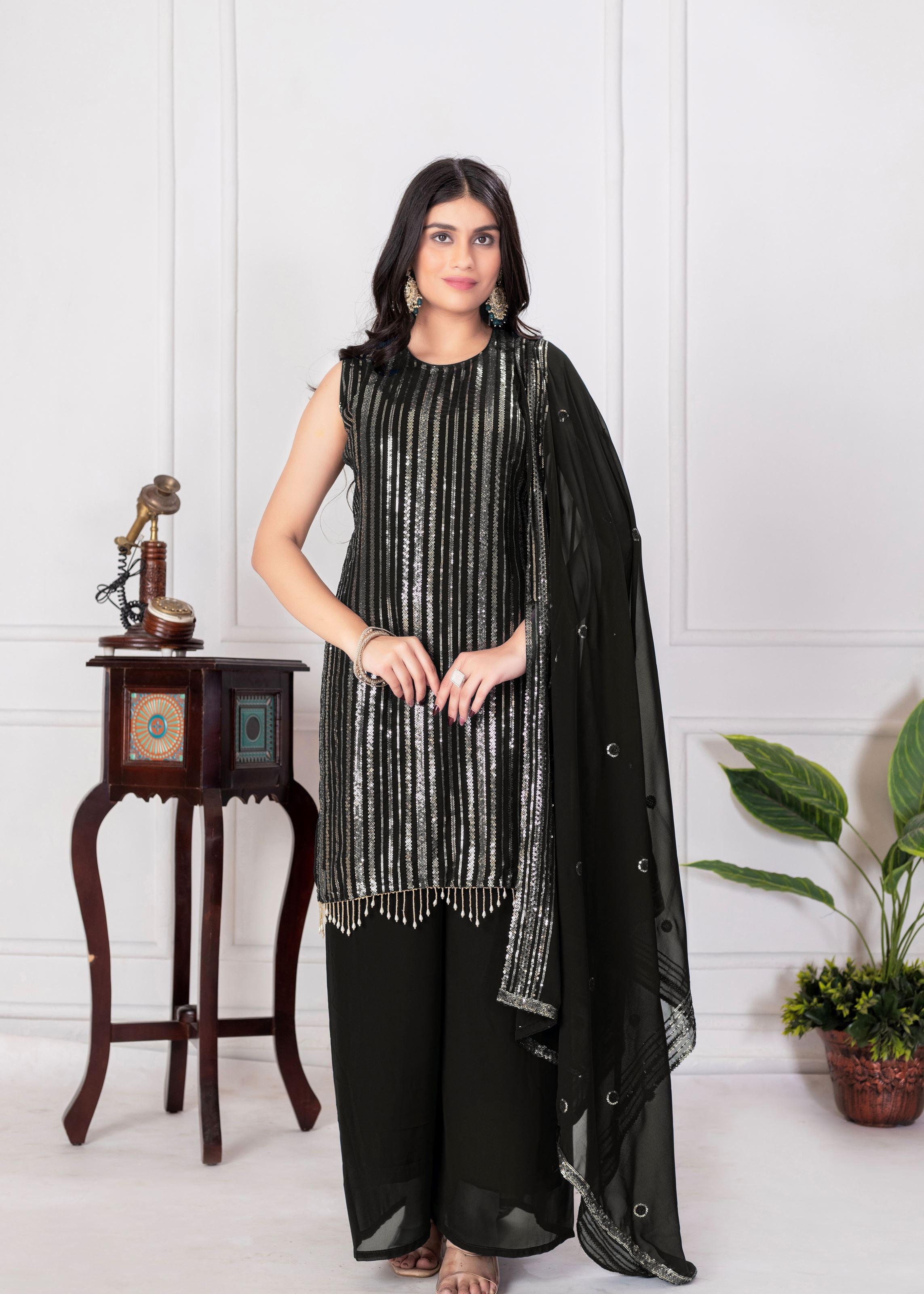 Black Sharara Dress With Sequence Embroidered