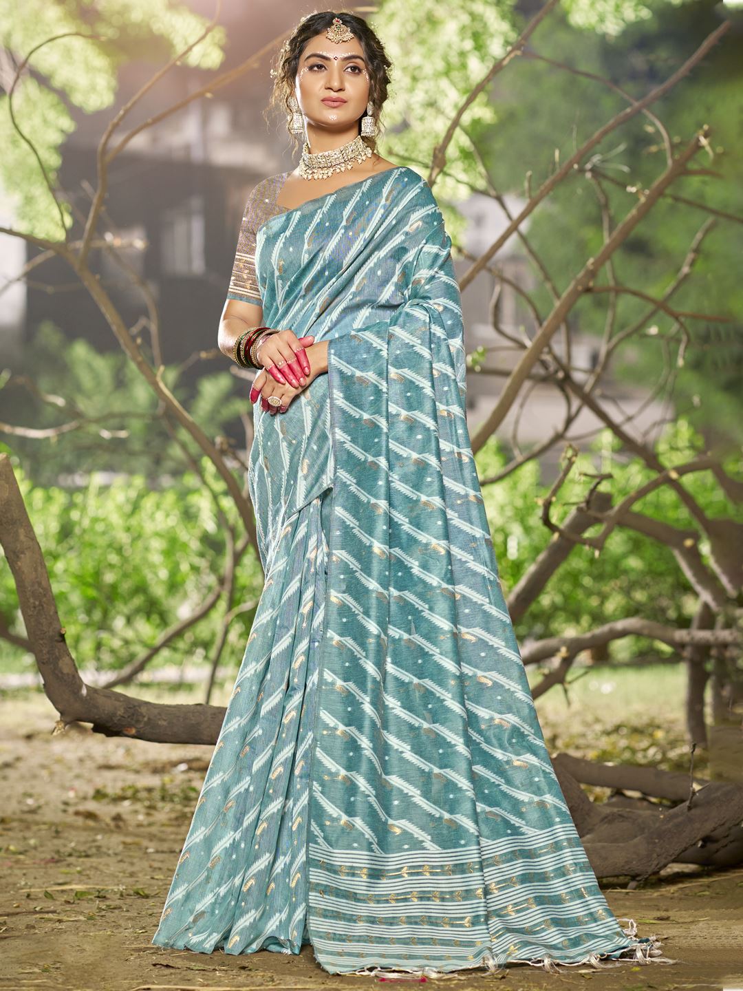 Blue Color Leheriya Print Linen Cotton Saree