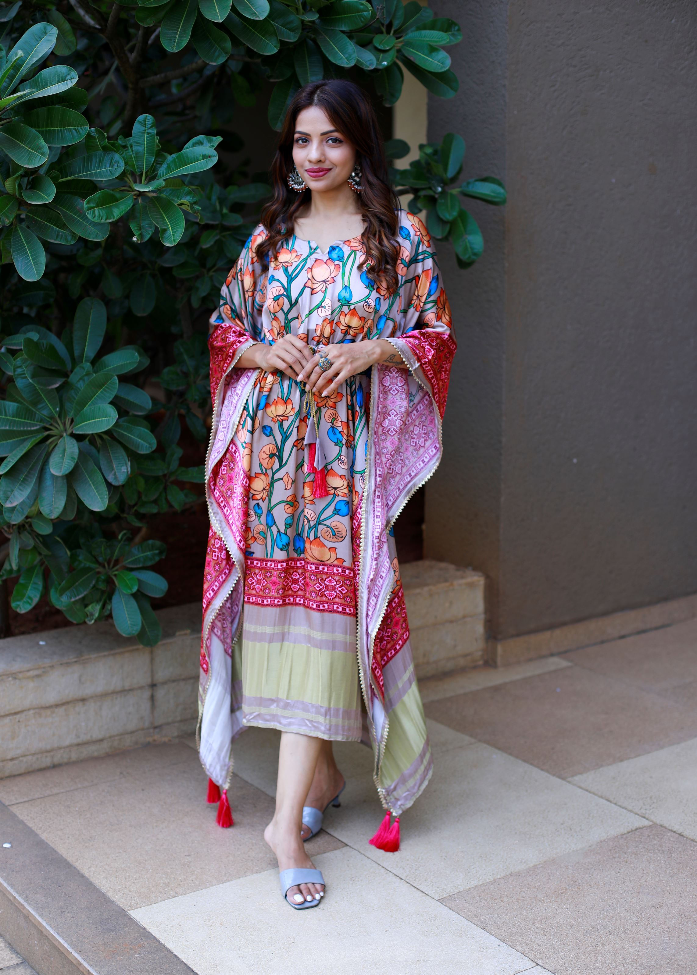 Blue Color Pure Gaji Silk Kaftan with Gotta Patti Tassels