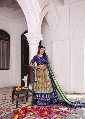 Blue Lehenga Choli With Patola Print and Foil Work Belt