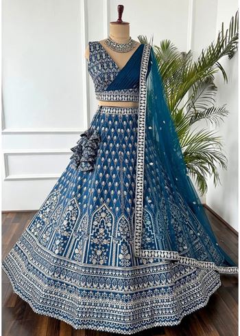 Blue Lehenga Choli With Sequins With Jari Thread Embroidery Work