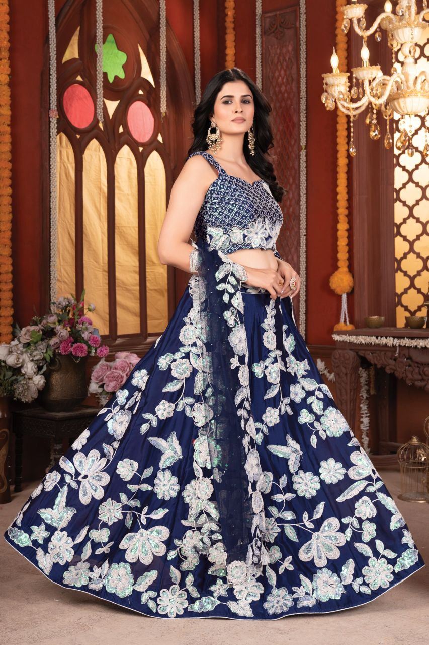 Blue Lehenga Choli With Thread Embroidery Dori And Heavy Rainbow Sequins Work