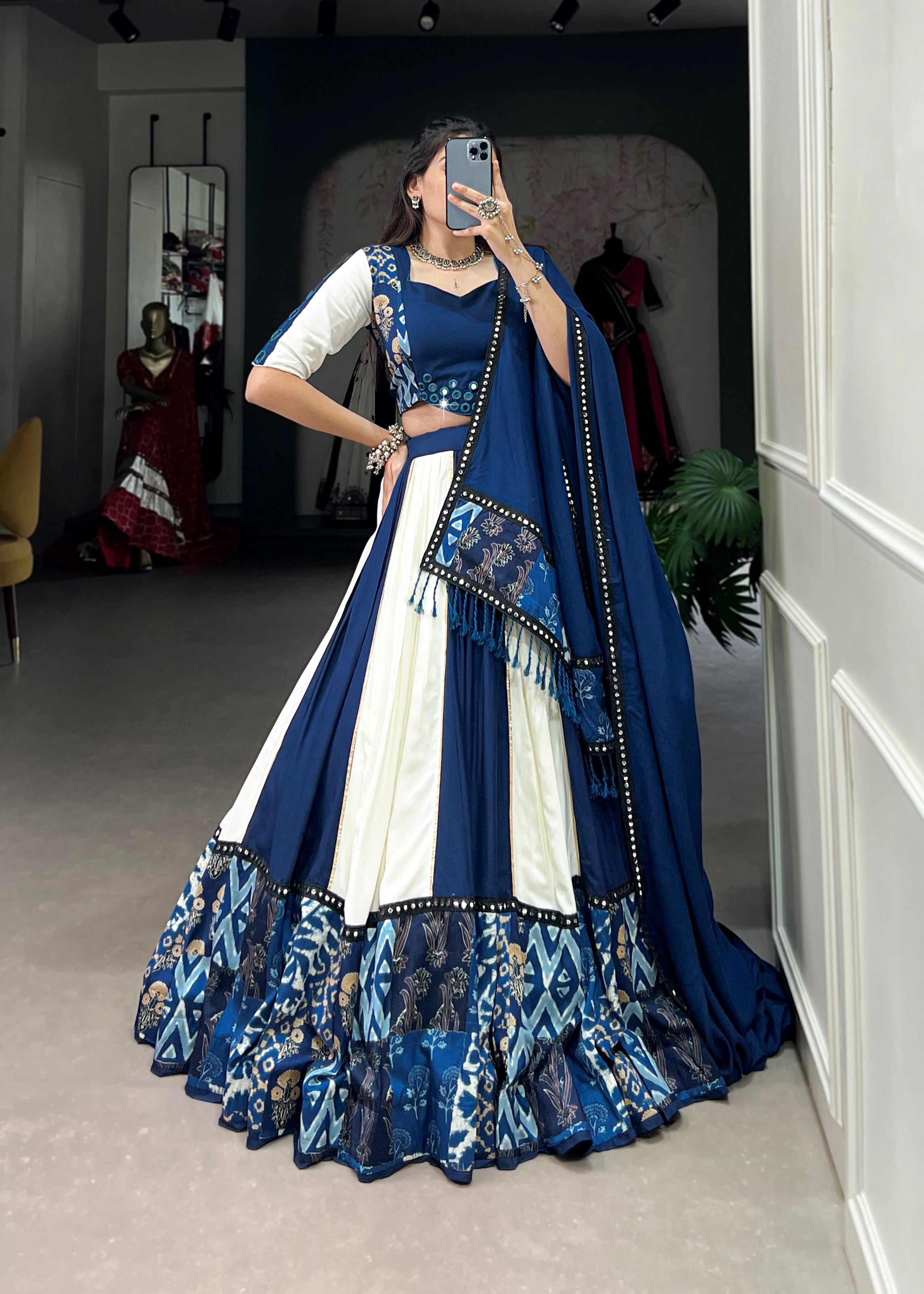 Blue Printed Plain Rayon Lehenga with Mirror Lace and Gota Patti Sparkle