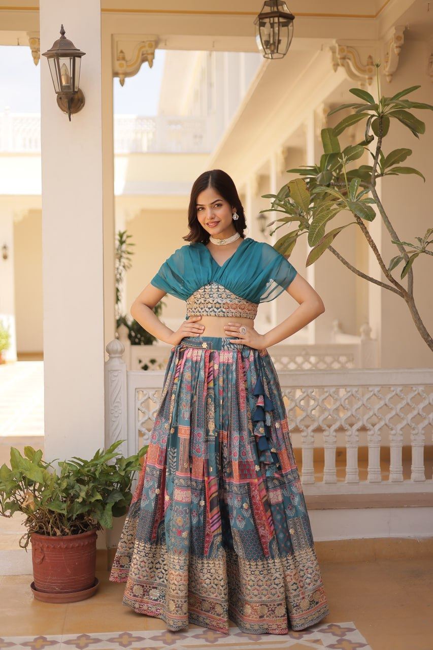 Blue Russian Silk Lehenga Choli With Digital Print With Foil Embroidery Work
