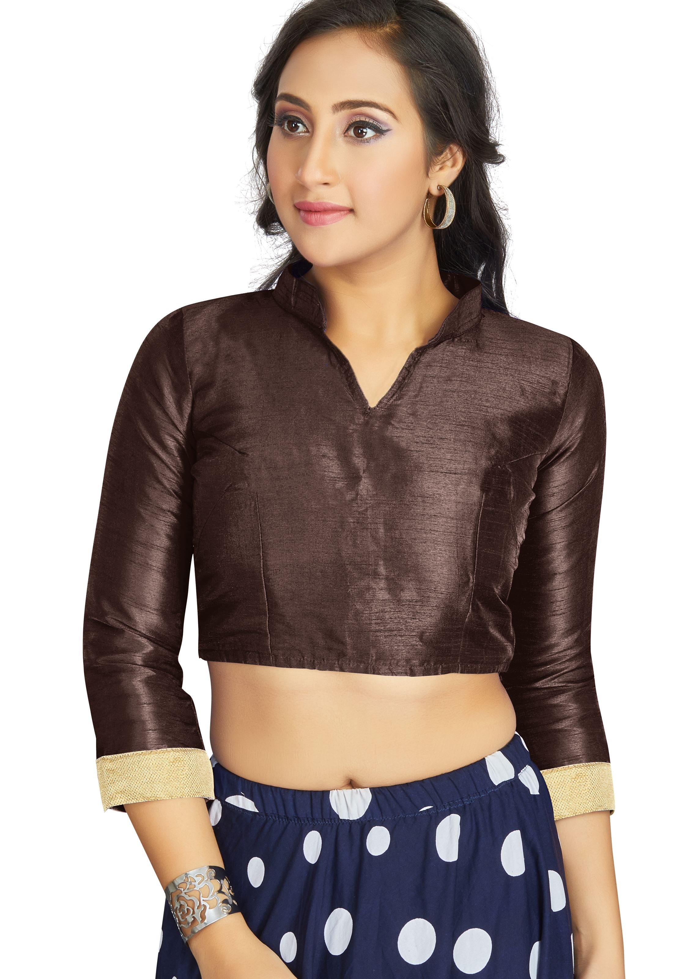 Brown Art Silk V Neck Chinese Collar Blouse With Matty In Sleeve