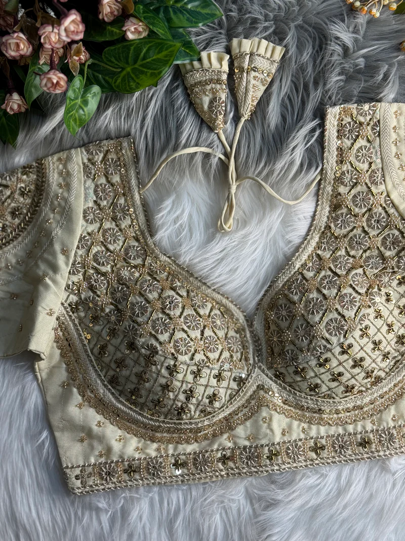 Cream Embroidered Sweetheart Neck Blouse with Sequin Work & Scallop Cut