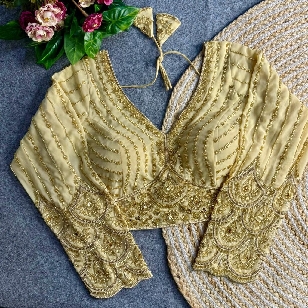 Cream Georgette Blouse with Heavy Thread Embroidery Sequins Work