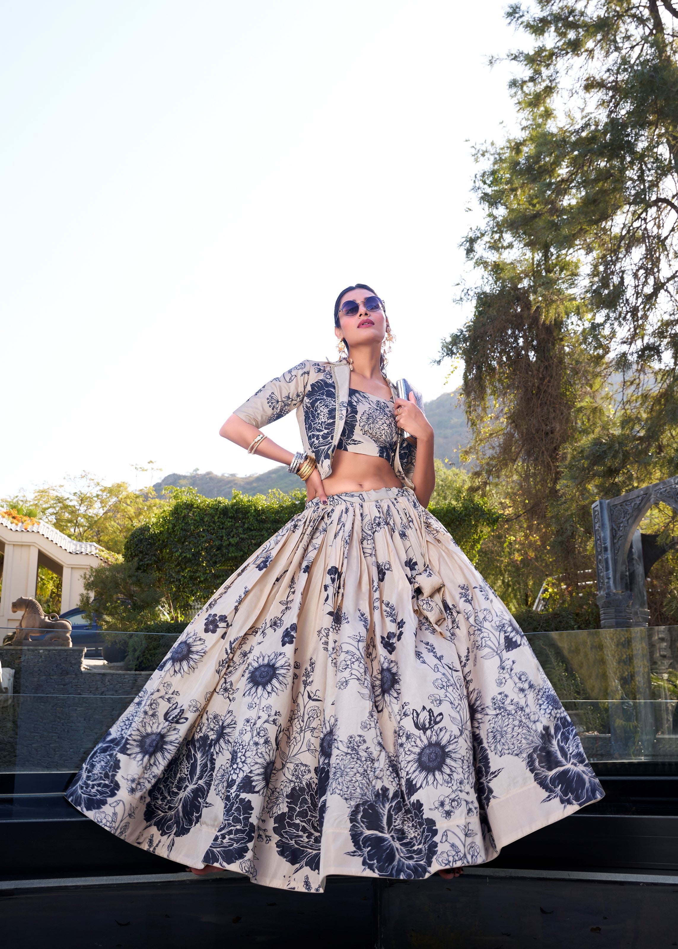 Cream Grace in Bloom Tussar Silk Floral Print Lehenga