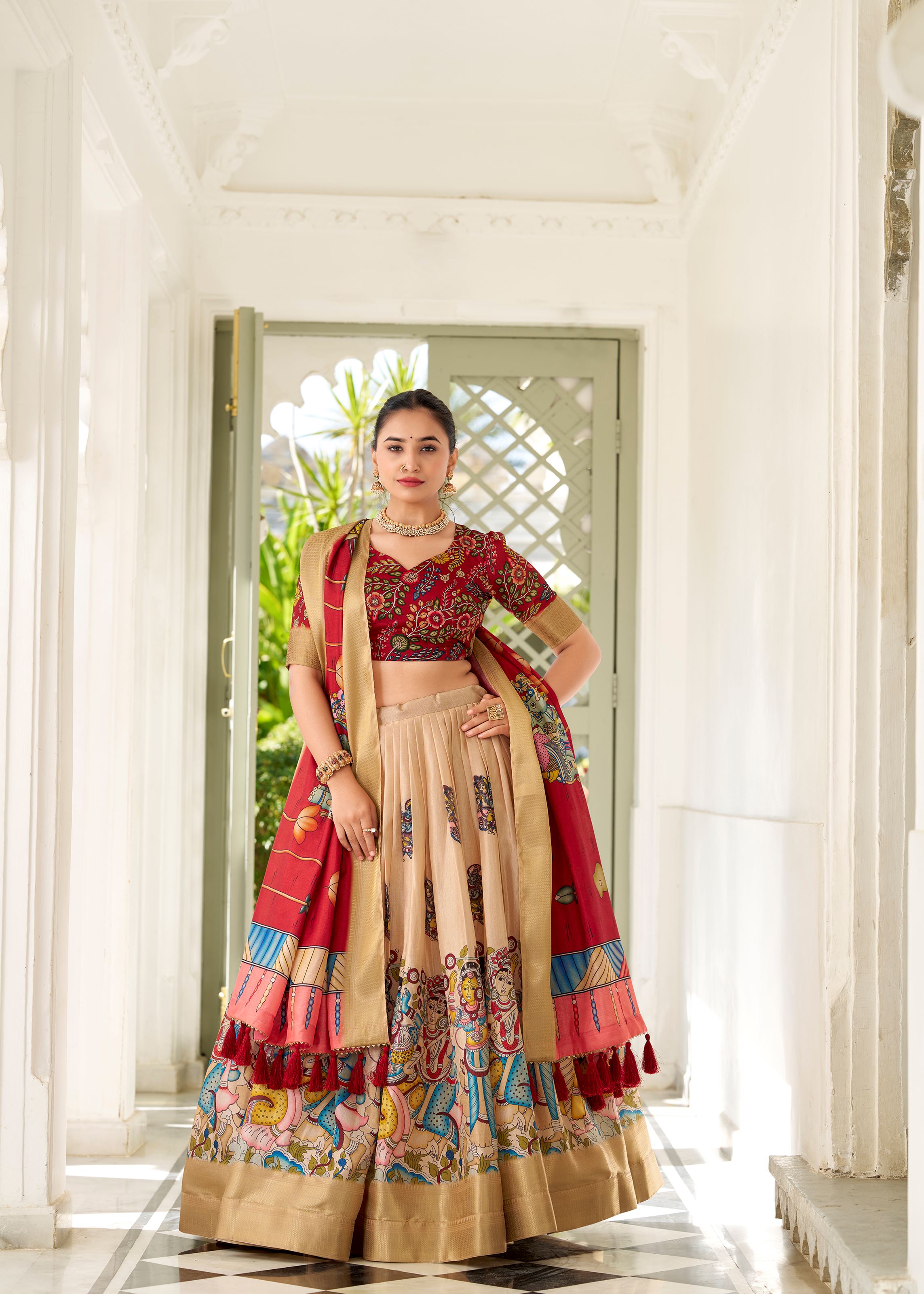 Cream Floral Printed Georgette Lehenga with Lace Border