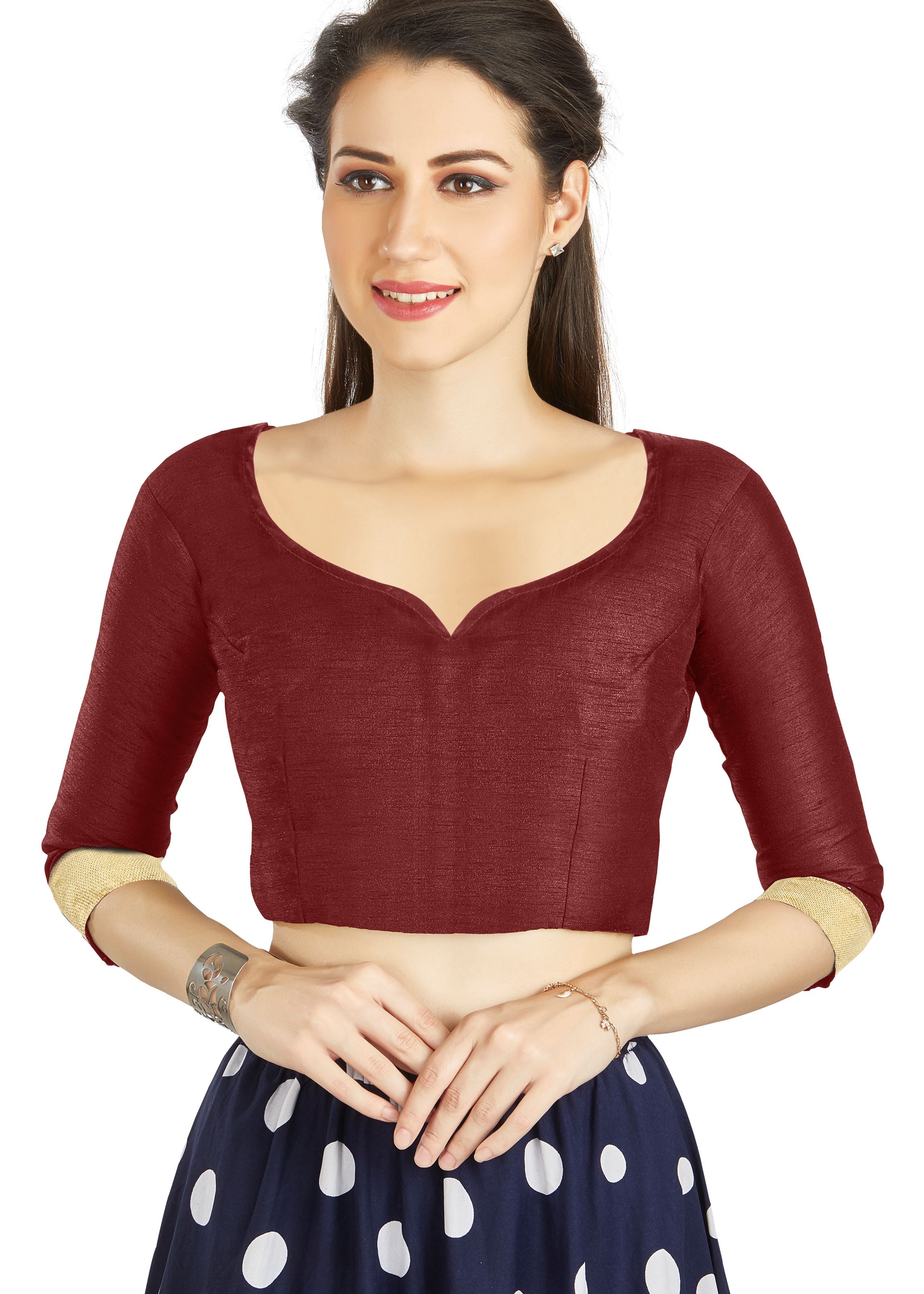 Dark Maroon Art Silk Sweet Heart Neck style Blouse With Matty in Sleeves
