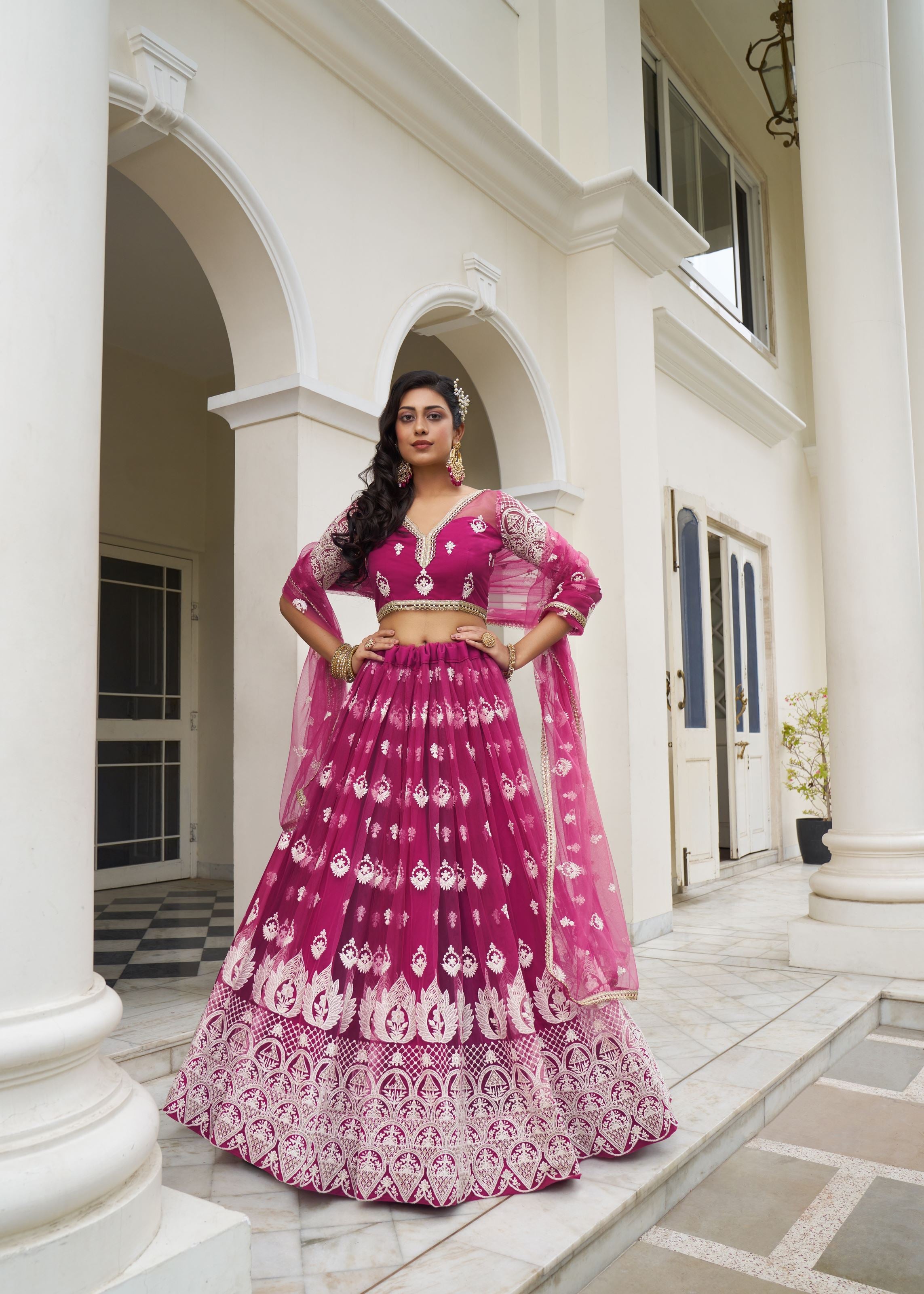 DarkPink Butterfly Net Lehenga Choli With Designer Thread Work, Zari Work And Sequence Work
