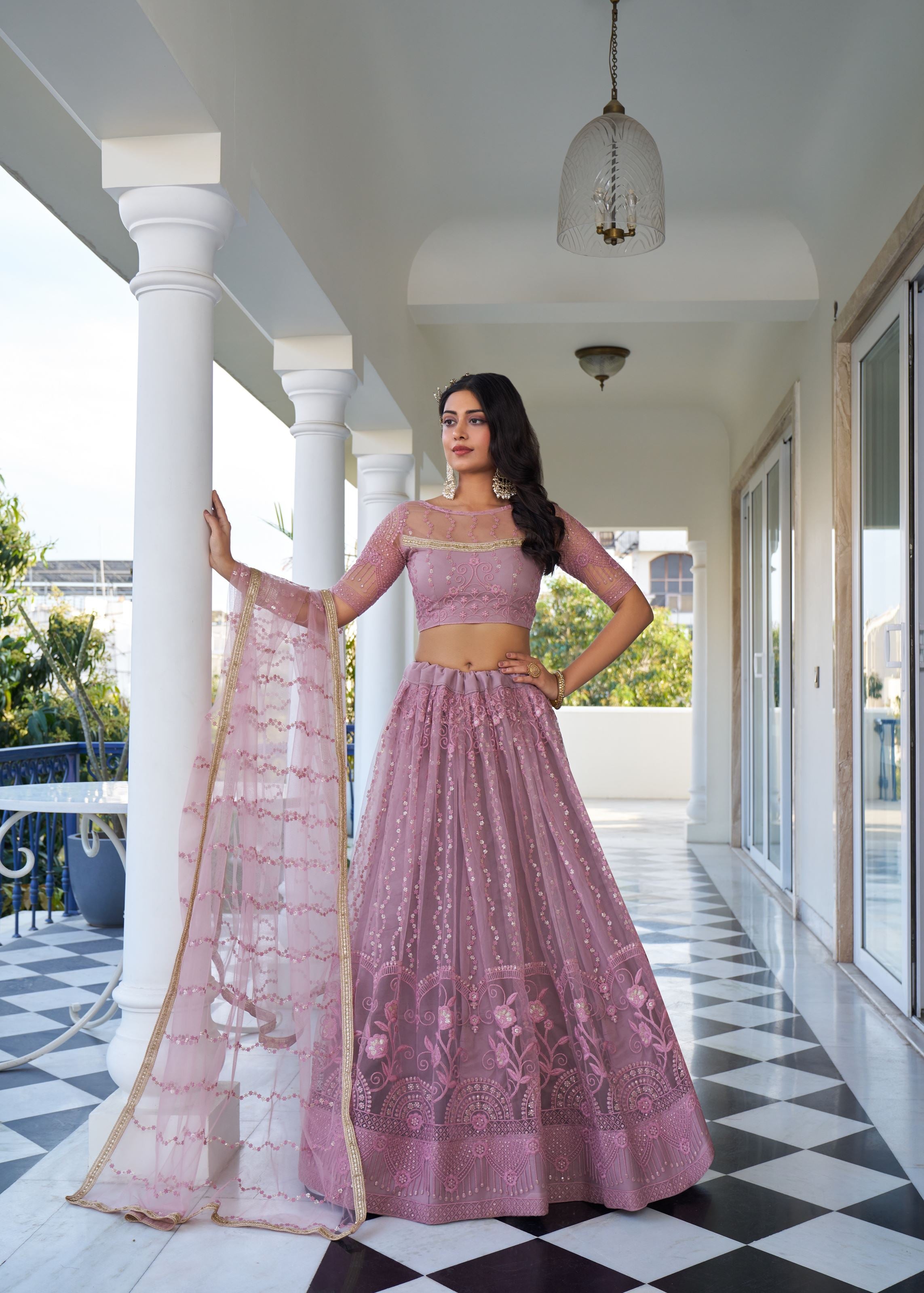 Dustypink Net Lehenga Choli With Thread Embroidery Work