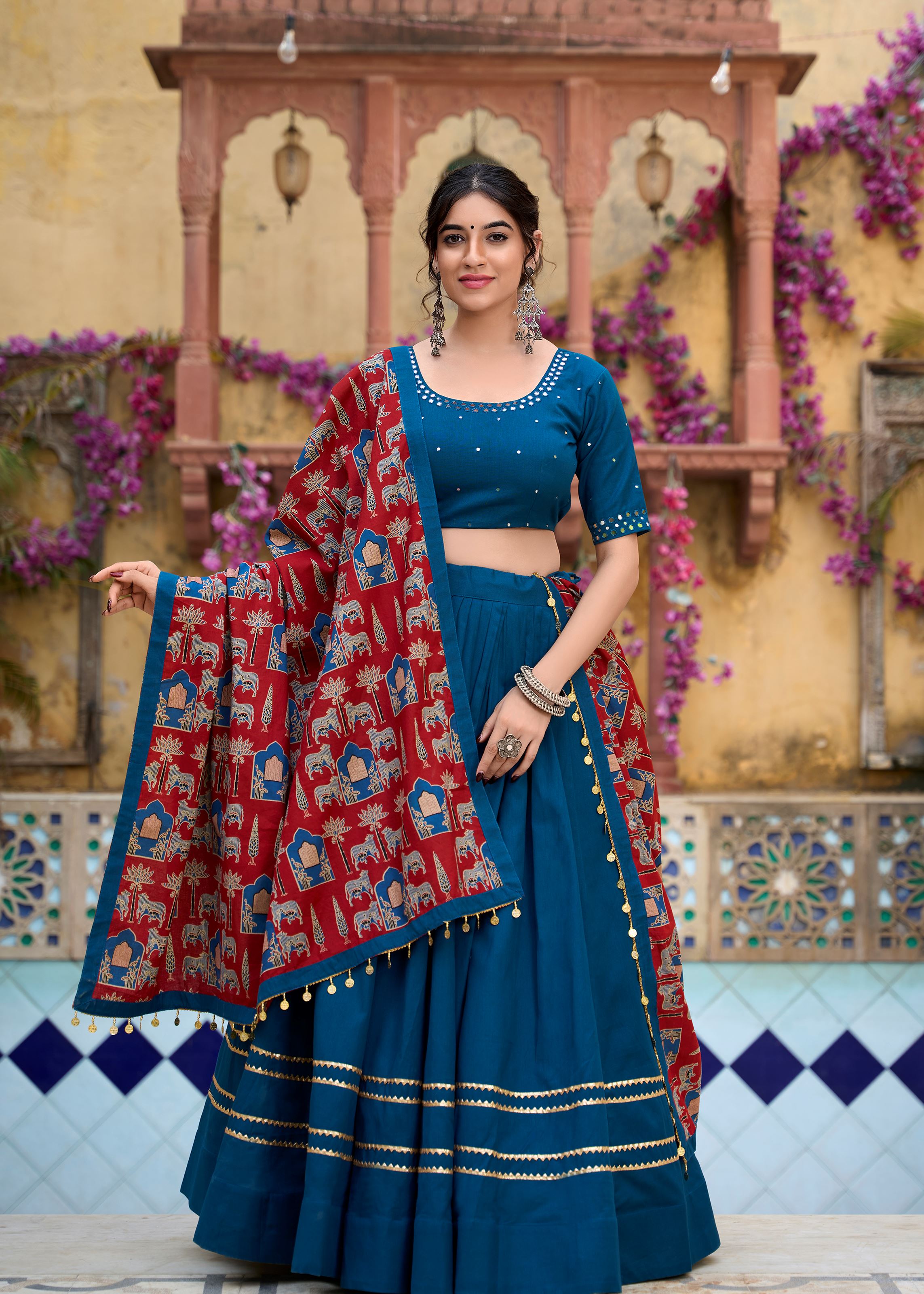 Ferozi Pure Cotton Plain Lehenga Choli Accented with Subtle Gota Patti Elegance