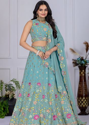 Firozi Lehenga Choli With Embroidery With Multi Thread Sequence Work